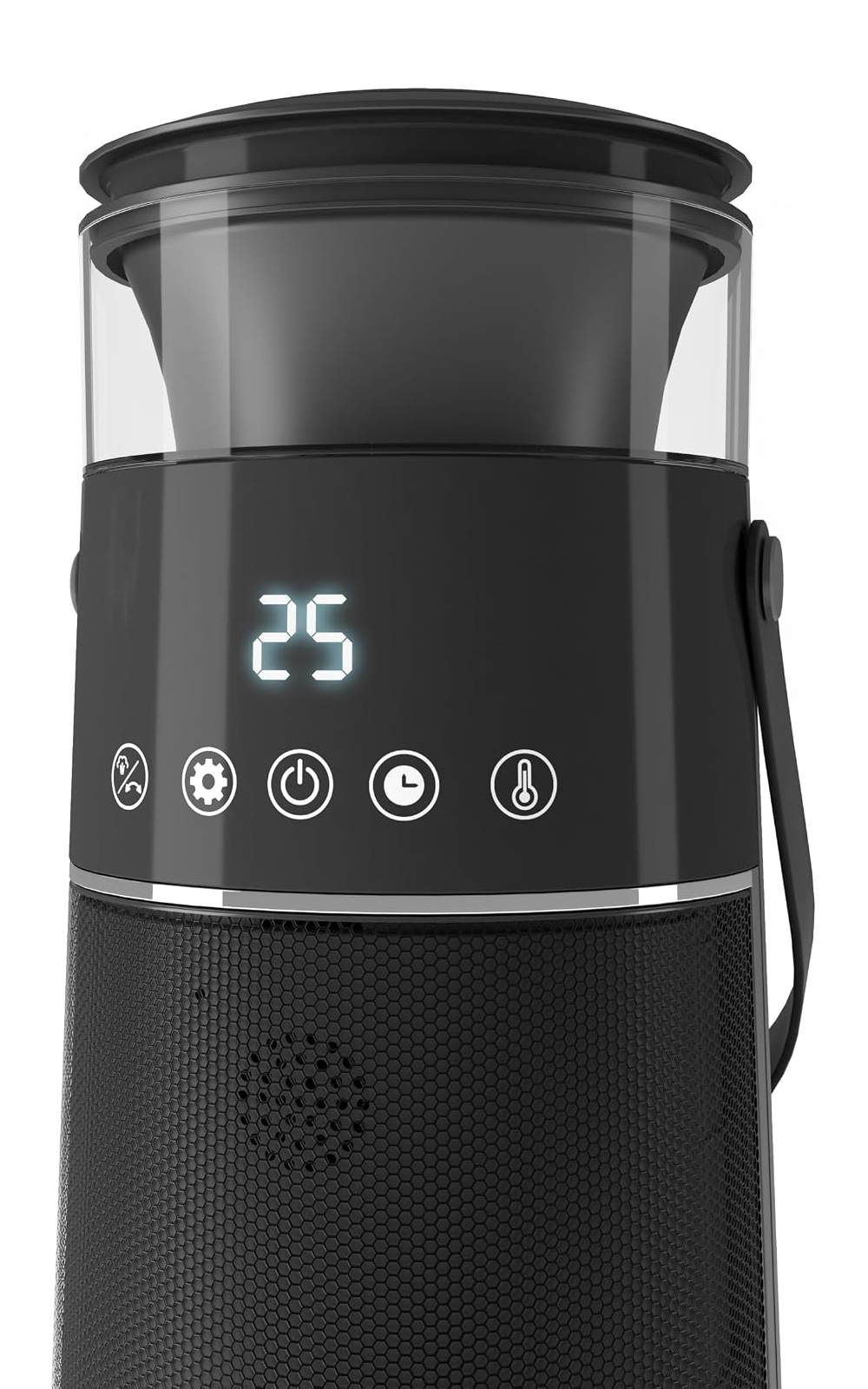 Dispositivo cilindrico nero con display digitale '25', tasti a sfioramento, altoparlante inferiore e contenitore superiore trasparente.