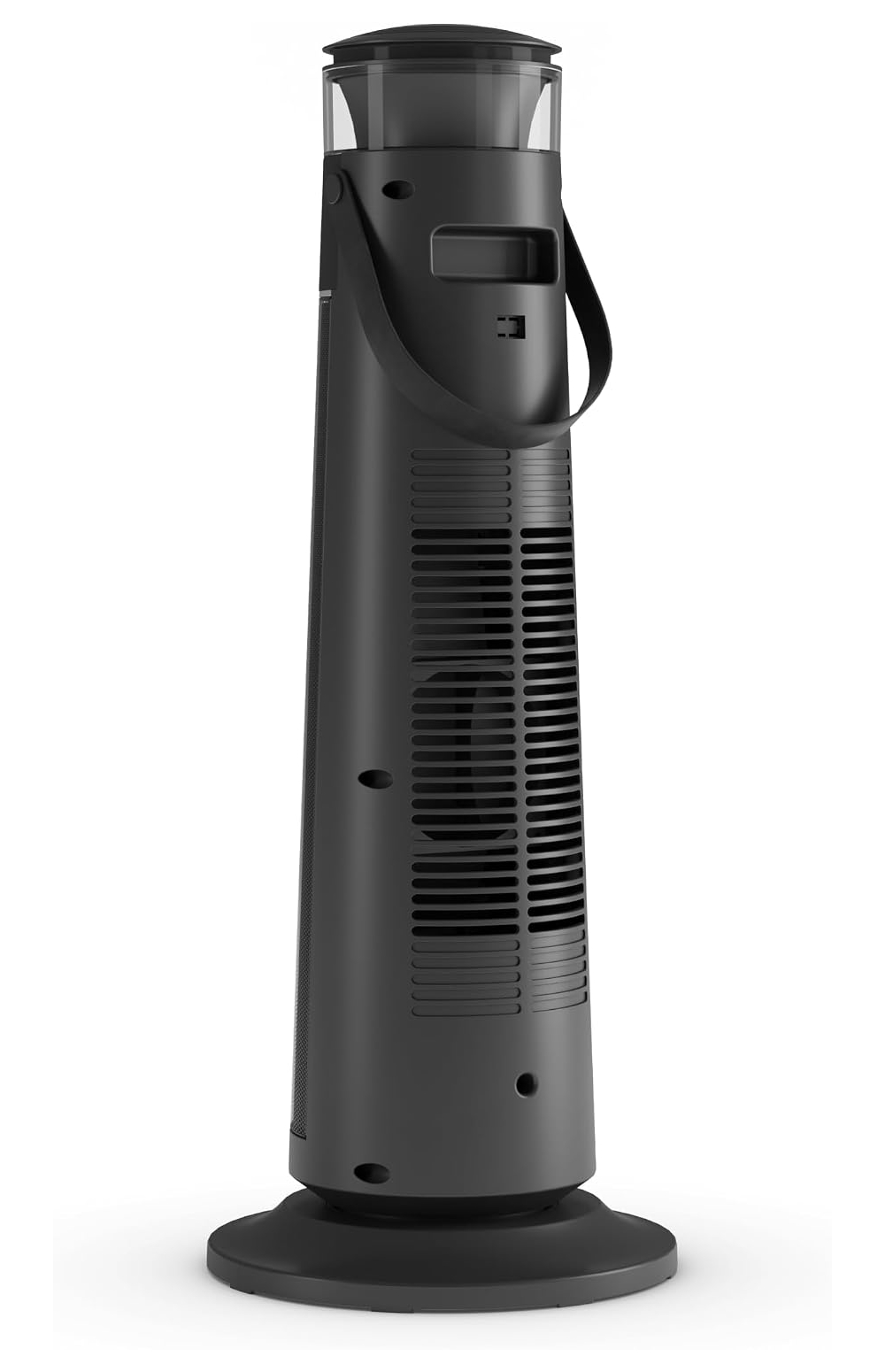 Un altoparlante portatile alto e nero con maniglia integrata, griglie e base circolare su sfondo bianco.