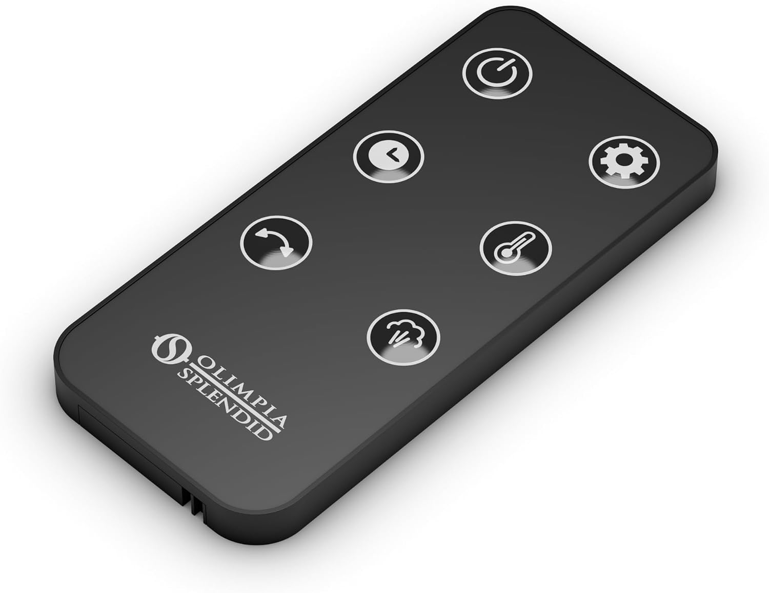 Un telecomando rettangolare nero Olimpia Splendid con icone bianche su sfondo bianco.