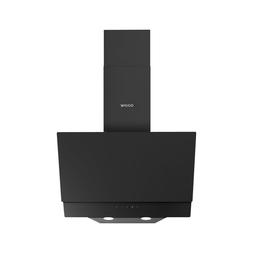 Black Wiggo cooker hood with touch control panel and two integrated lights.