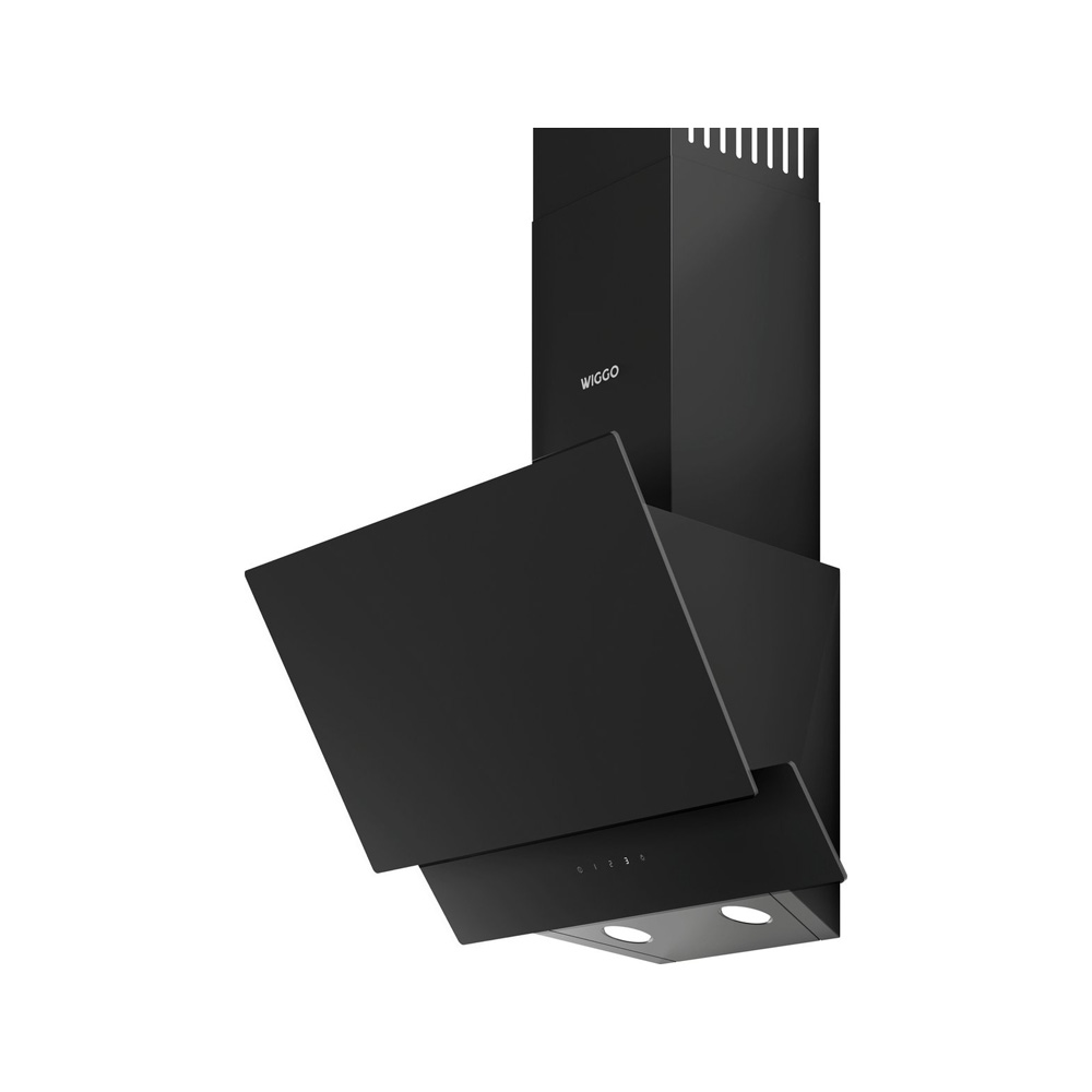 Modern black kitchen extractor hood with an angled glass screen and LED lights.