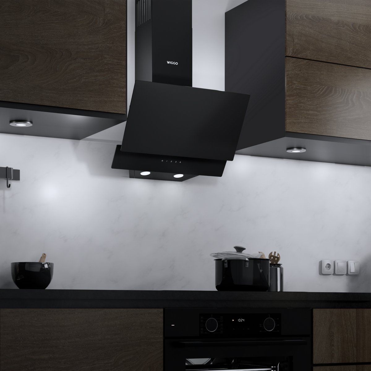 Modern black range hood between wooden cabinets in a sleek kitchen.