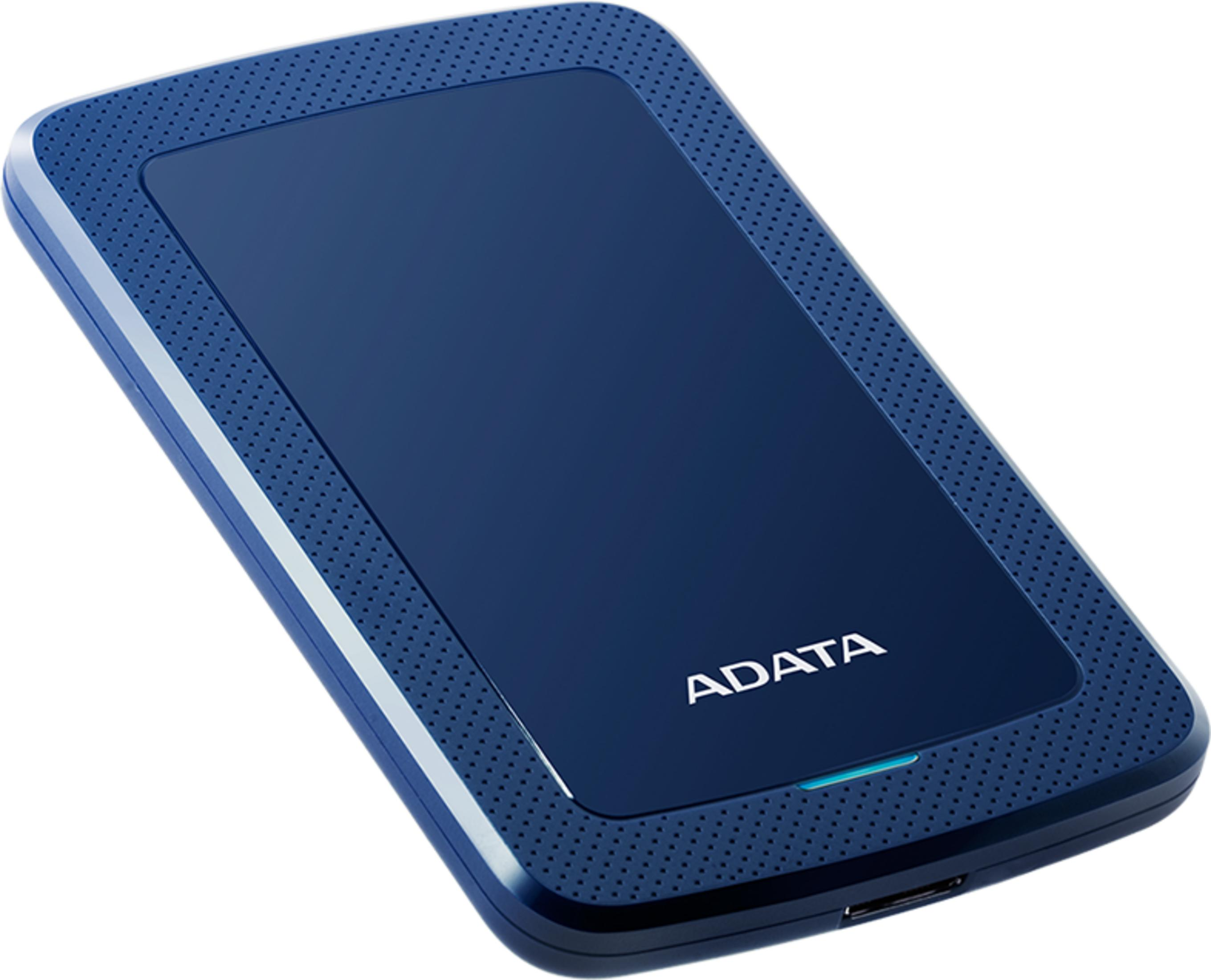 Disco duro portátil ADATA azul con carcasa texturizada y logotipo blanco.