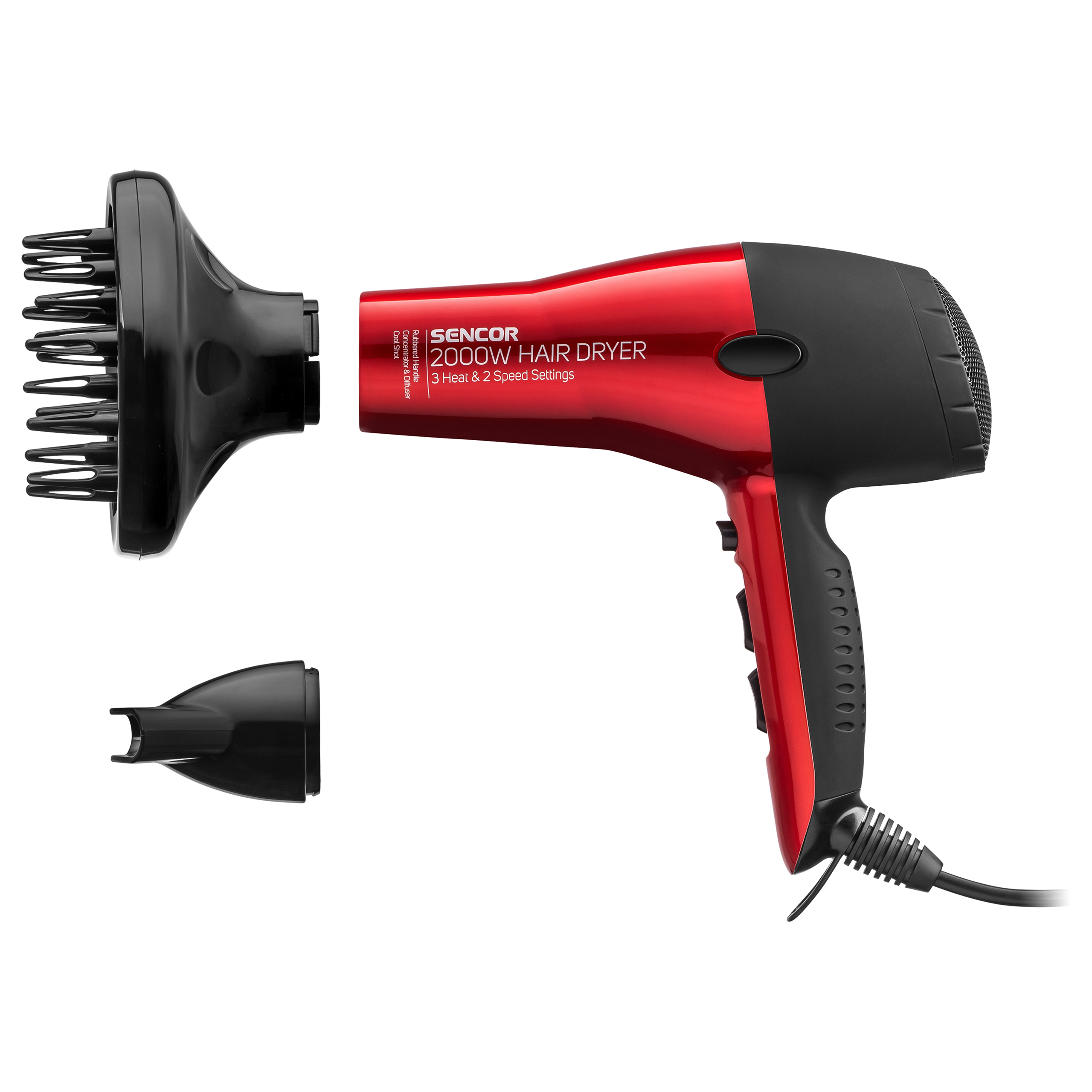 Red and black Sencor 2000W hair dryer with a diffuser and concentrator nozzle on a white background.