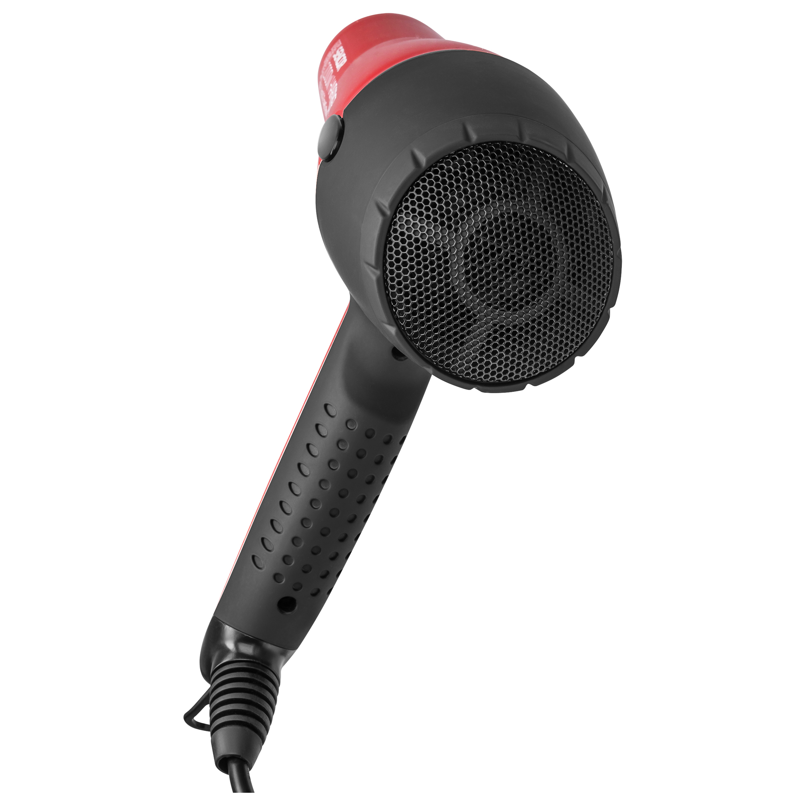 A red and black hair dryer with a mesh grille and handle against a white background.