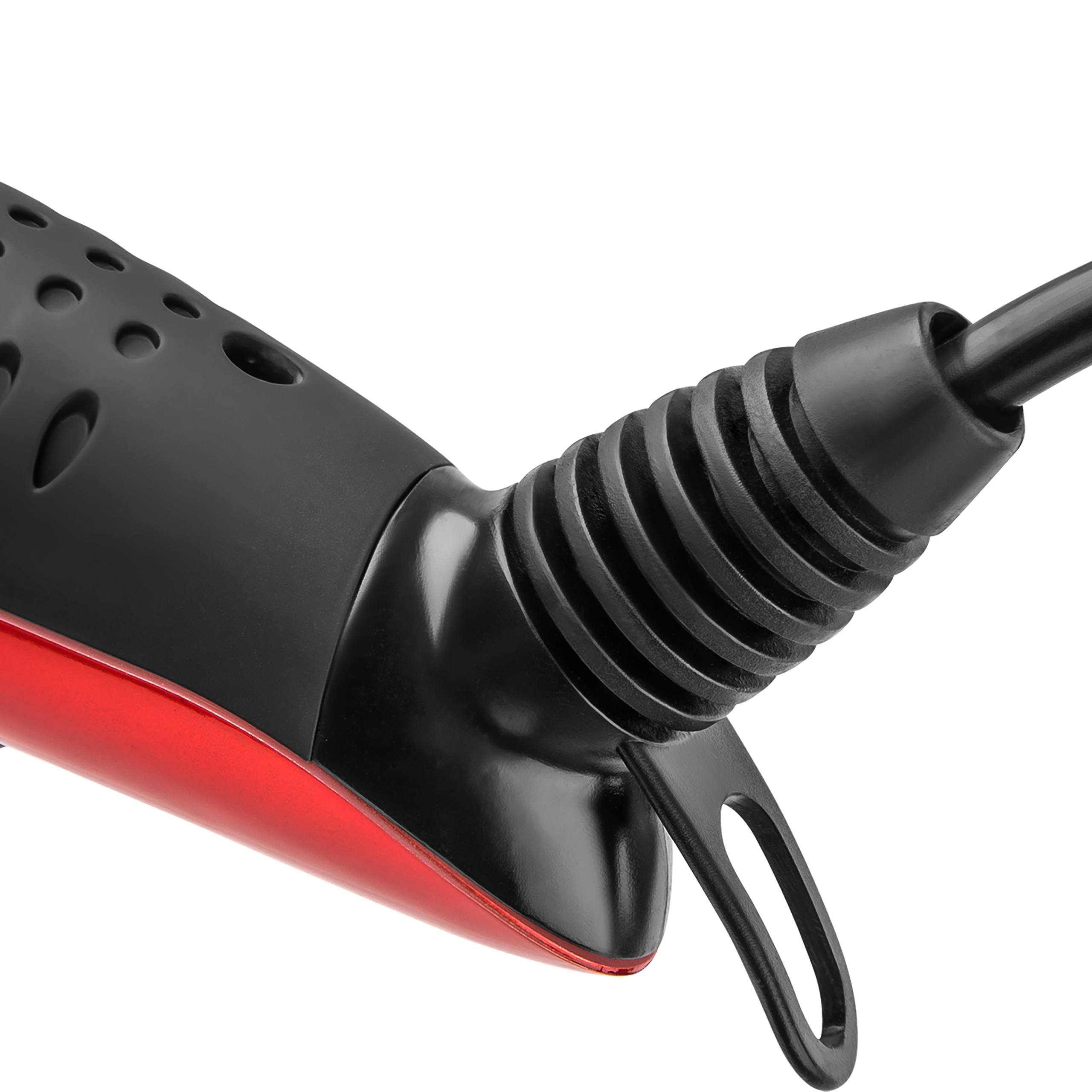 Close-up of a black and red device handle with a corrugated cord strain relief and hanging loop on a white background.