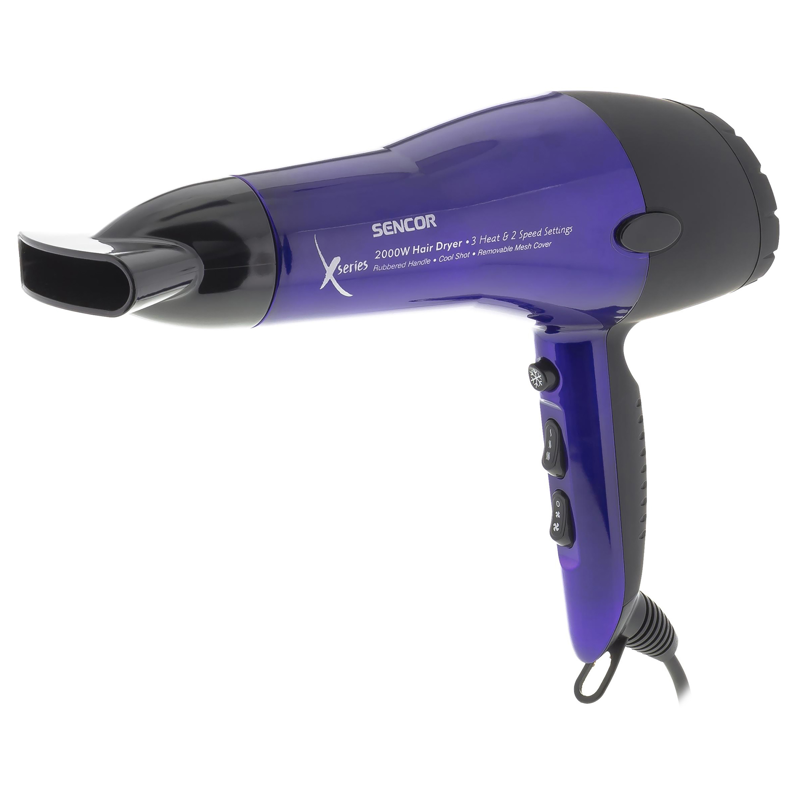 A purple and black Sencor hair dryer with a concentrator nozzle on a white background.