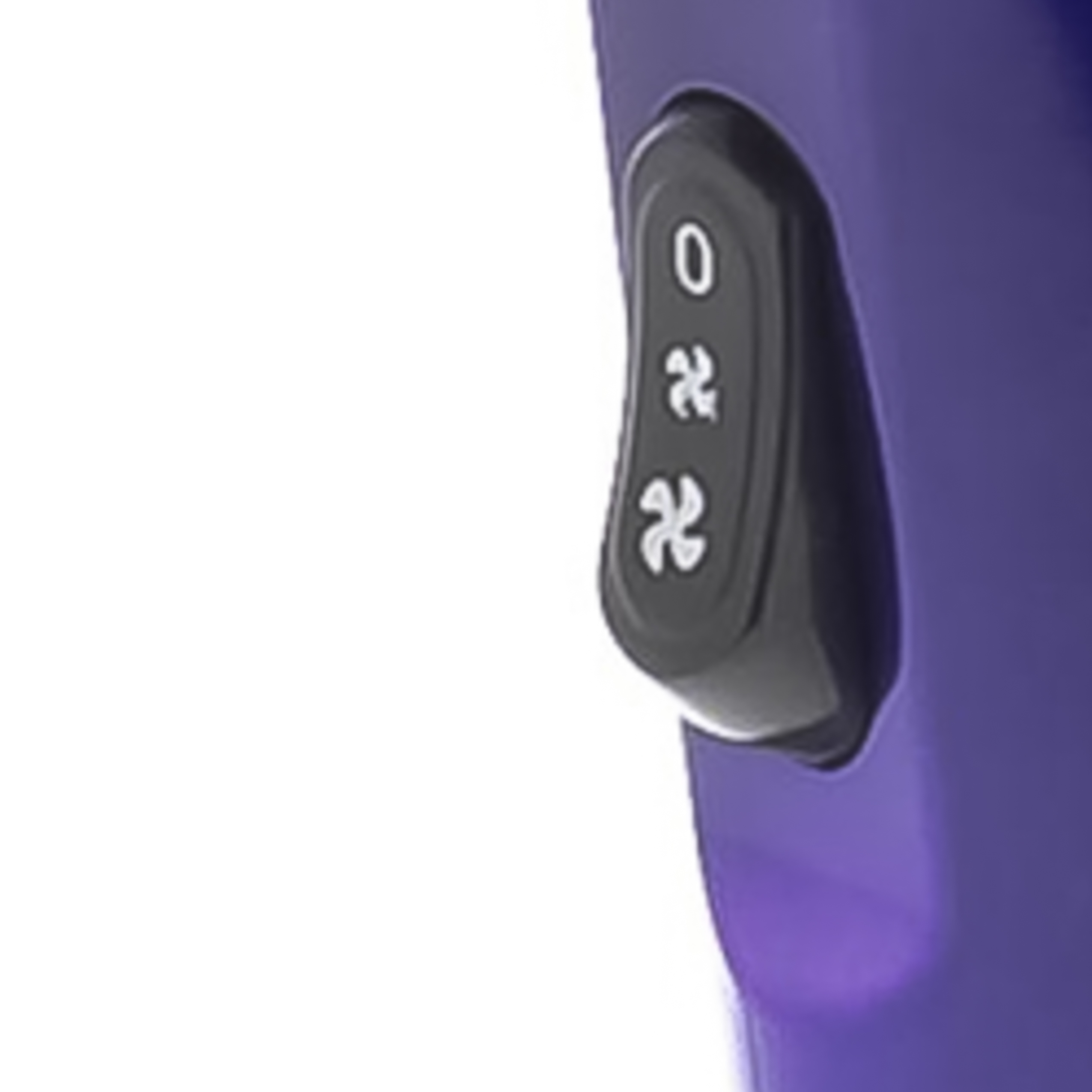A black rocker switch with white power-off and fan icons on a purple device.