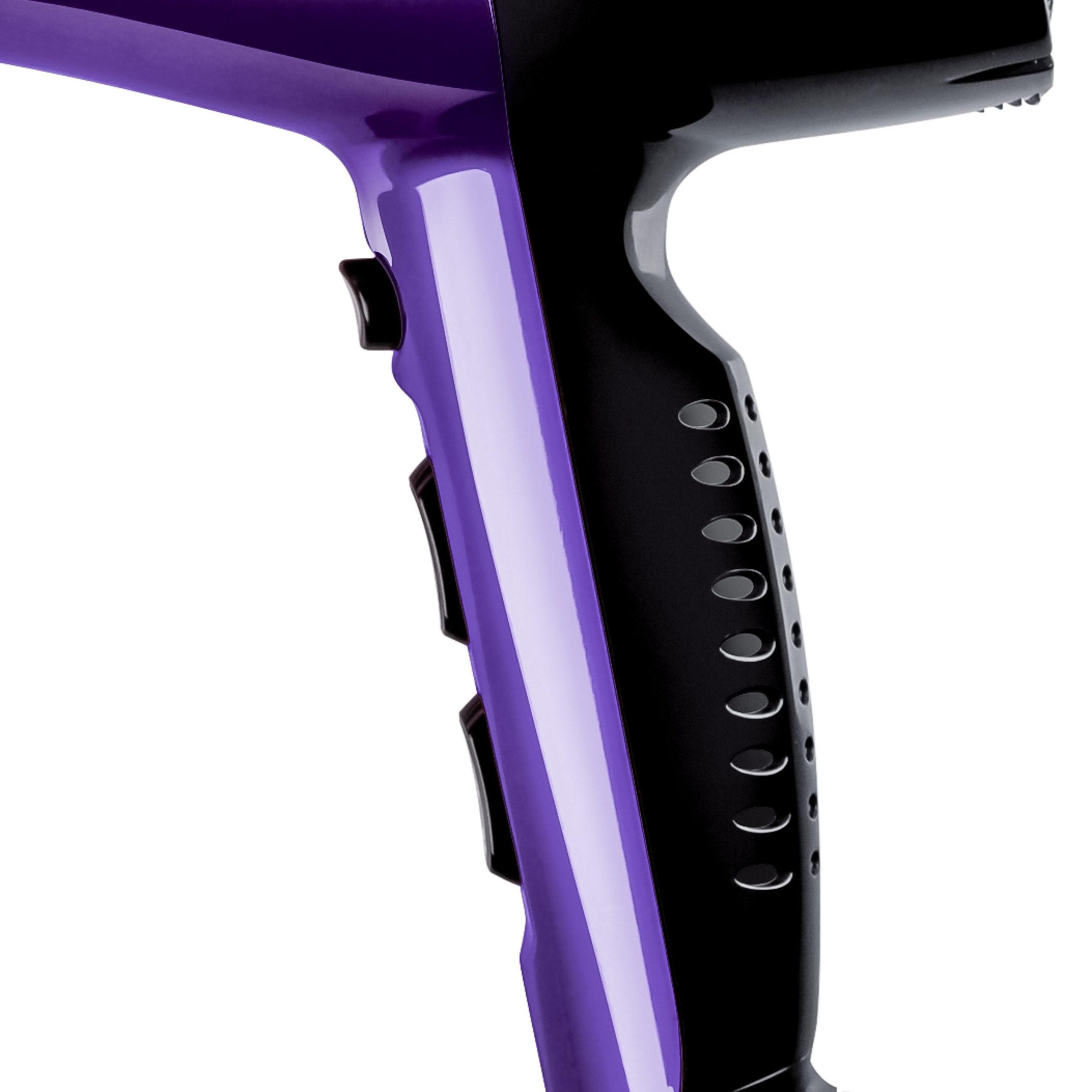 Close-up of a modern black and purple hairdryer with buttons on the handle against a white background.