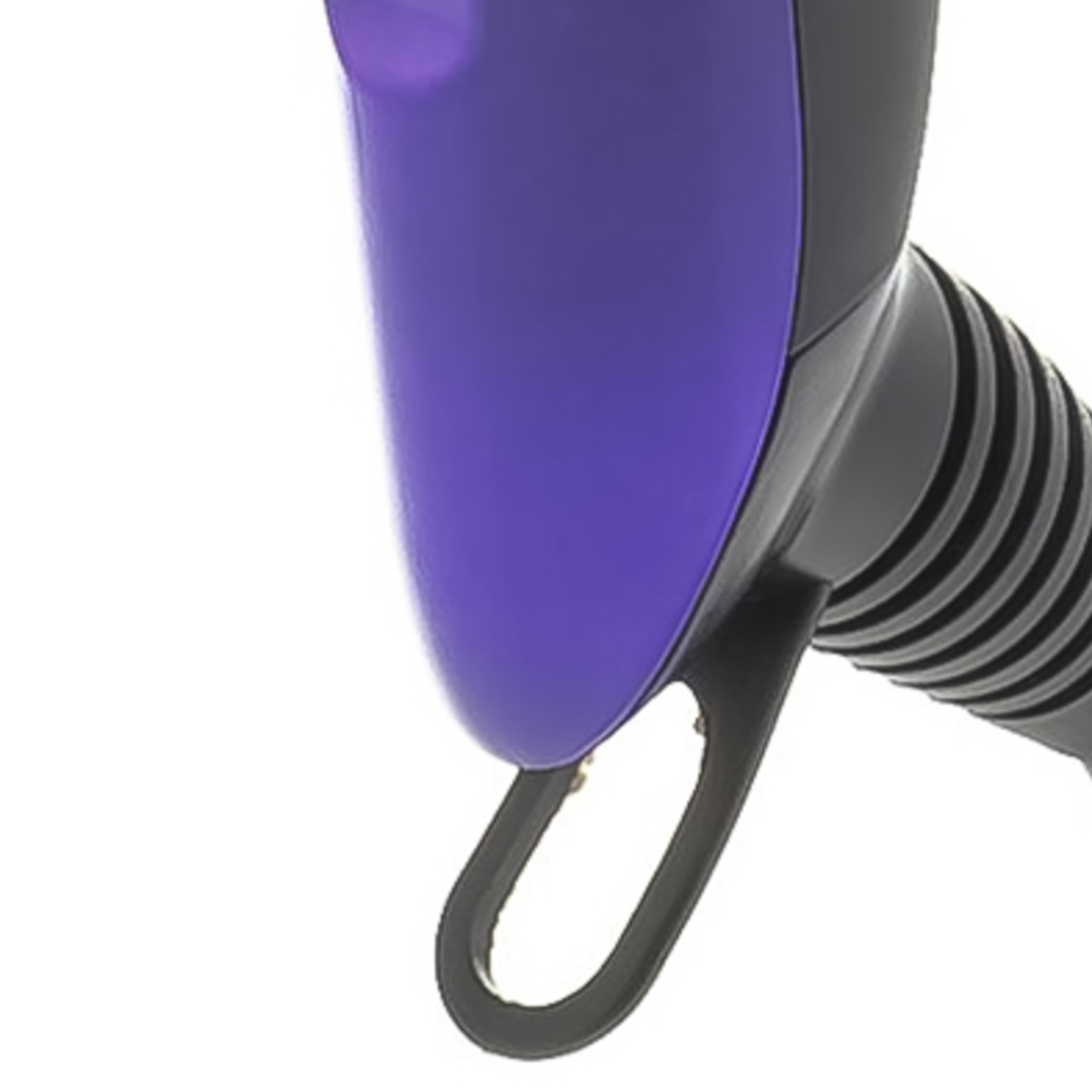A close-up of a purple hair dryer handle with a black hanging loop and cord guard against a white background.
