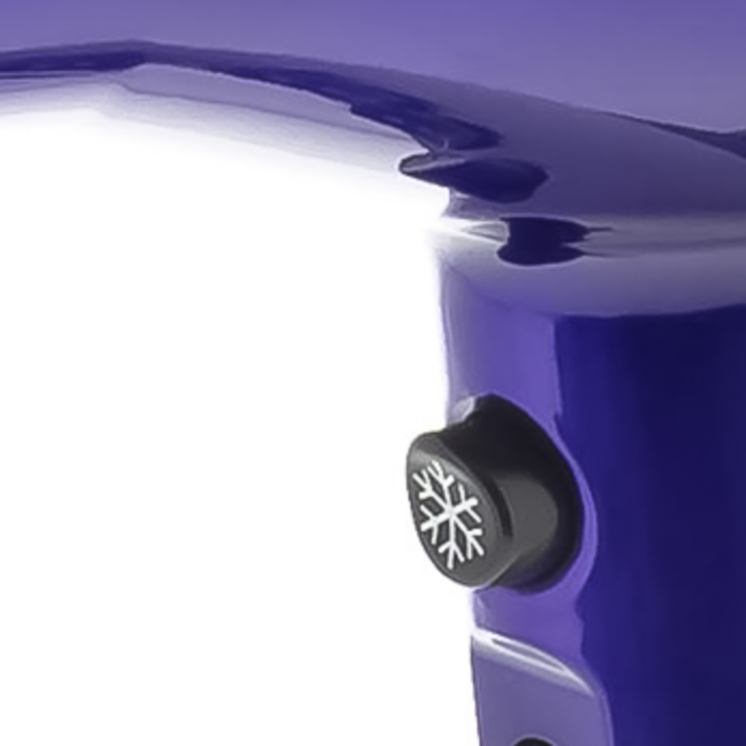 A blue hairdryer featuring a black button with a snowflake symbol for the cool shot.