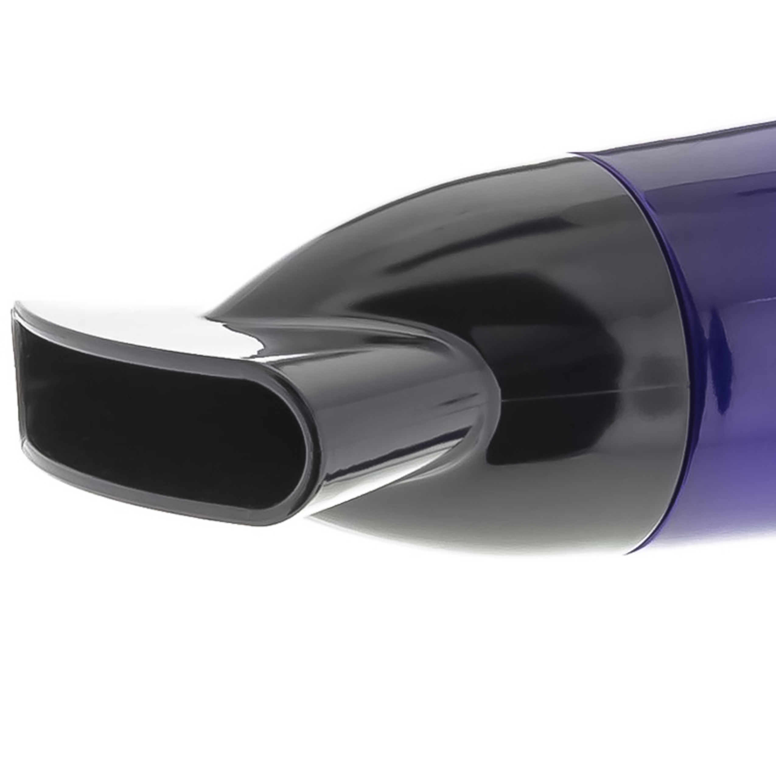 Close-up of a black and purple hair dryer nozzle against a white background.
