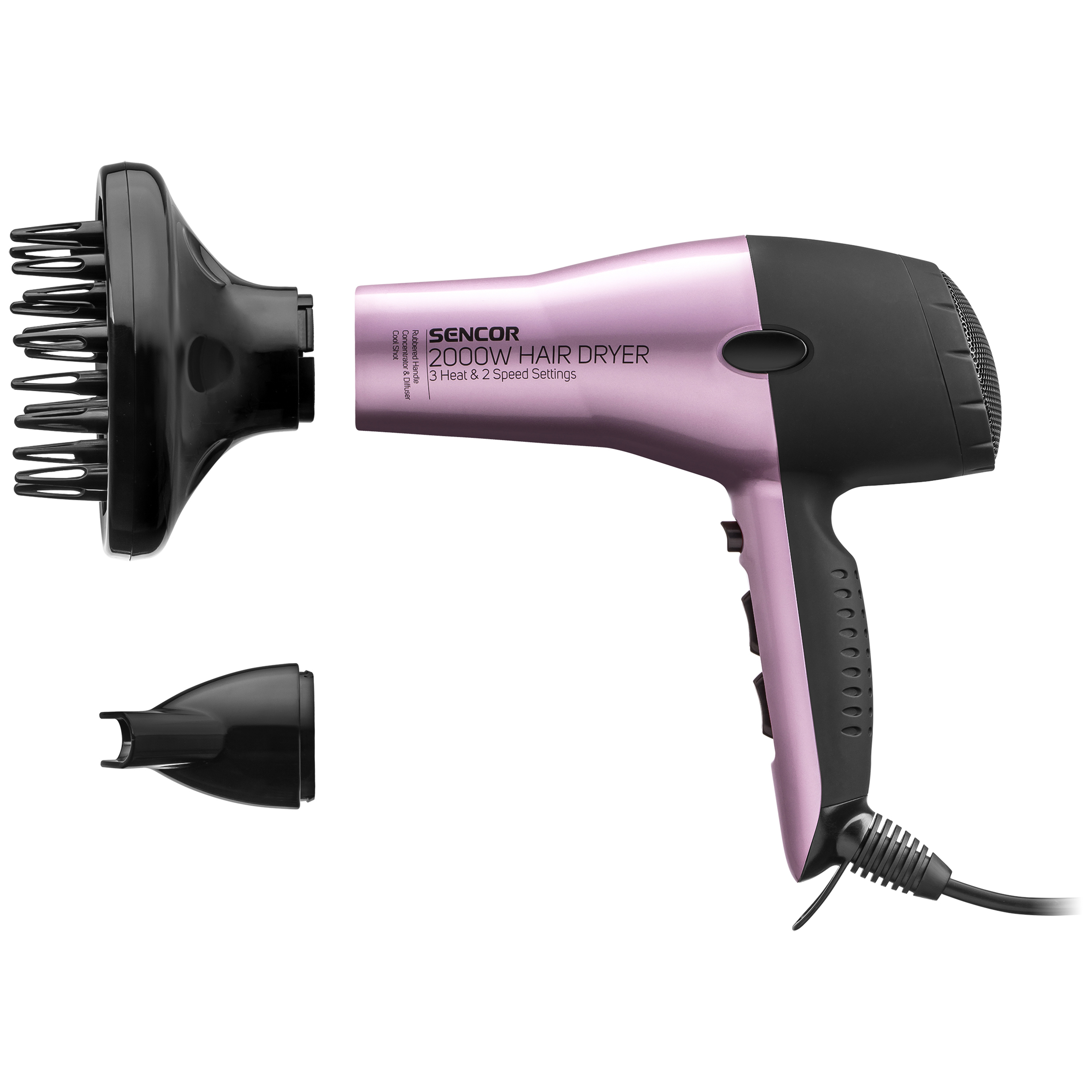 Pink and black Sencor 2000W hair dryer with a diffuser and nozzle attachment on white.