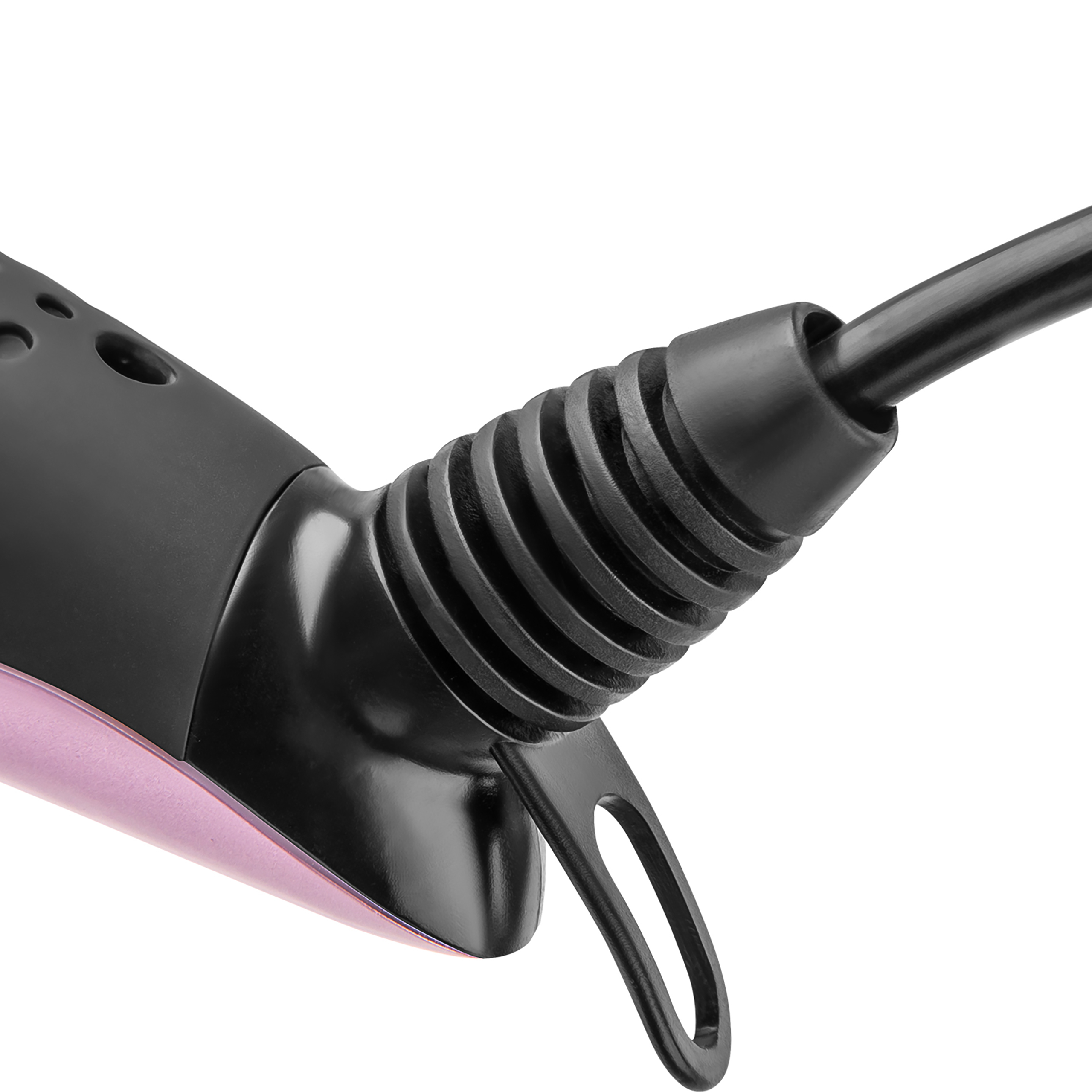 Black cord with strain relief on a purple and black hair dryer against a white background.