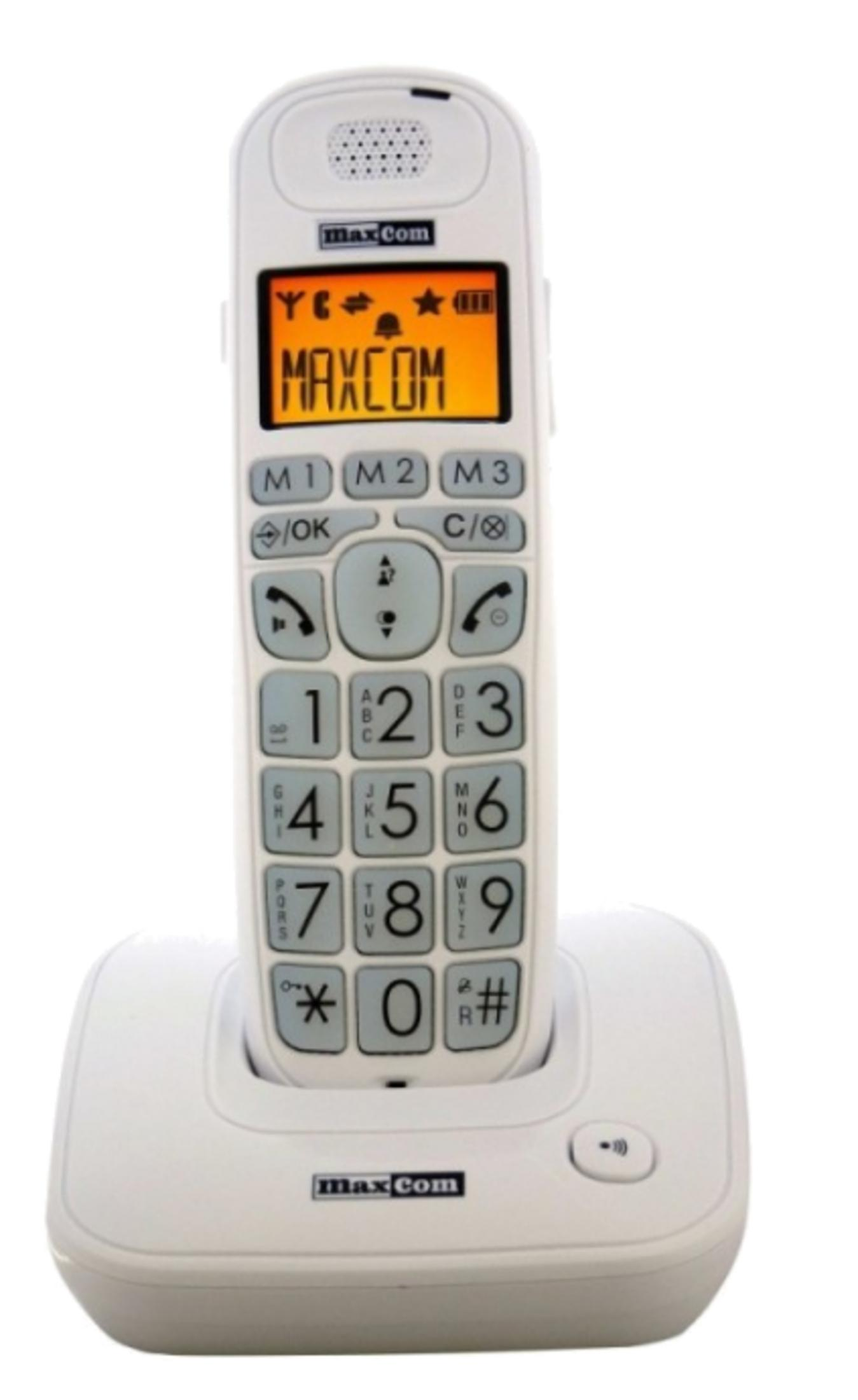 Ein weißes MaxCom-Schnurlostelefon mit großer Tastatur und Display steht auf seiner Ladestation.