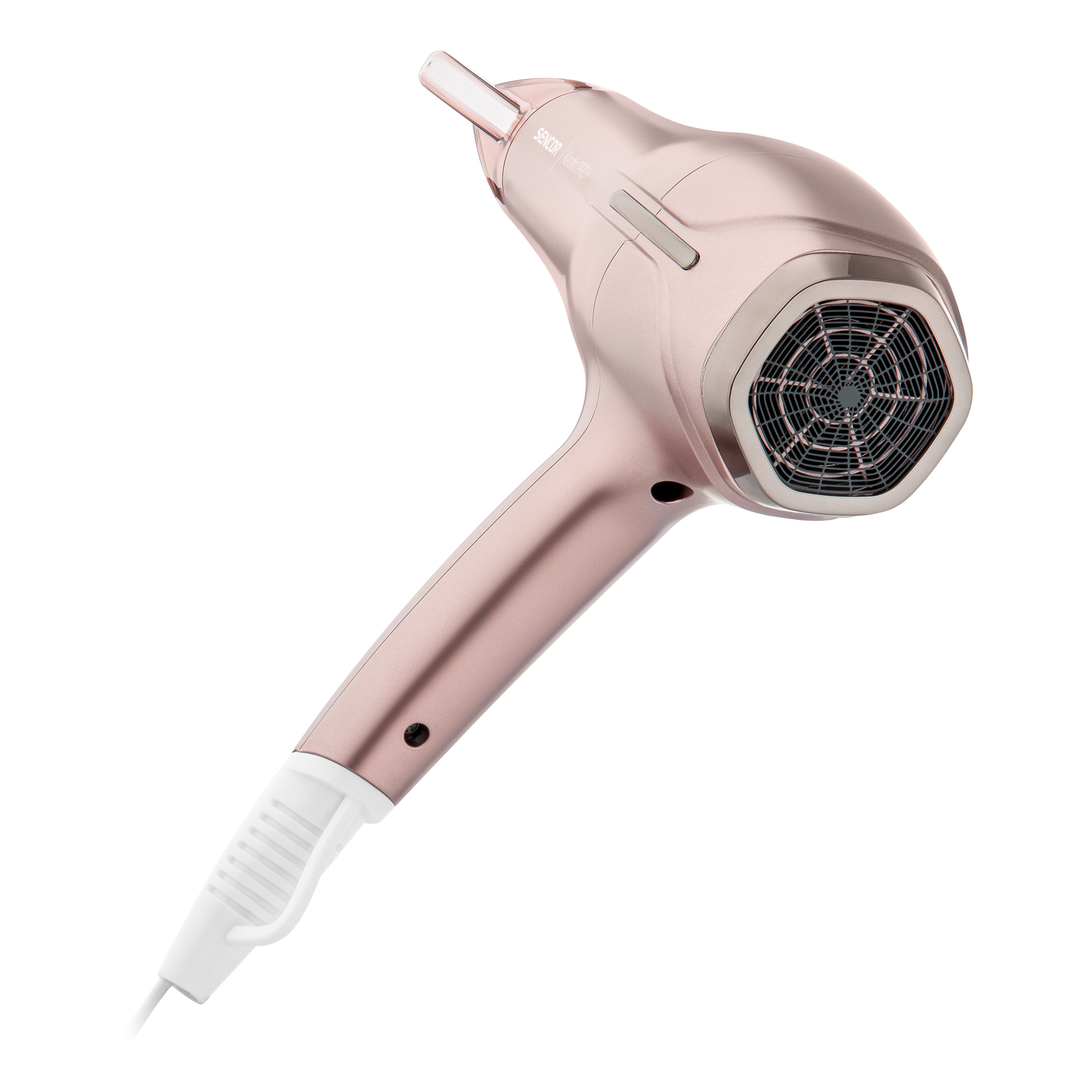 Un secador de pelo moderno en oro rosa con cable blanco y boquilla sobre fondo blanco.