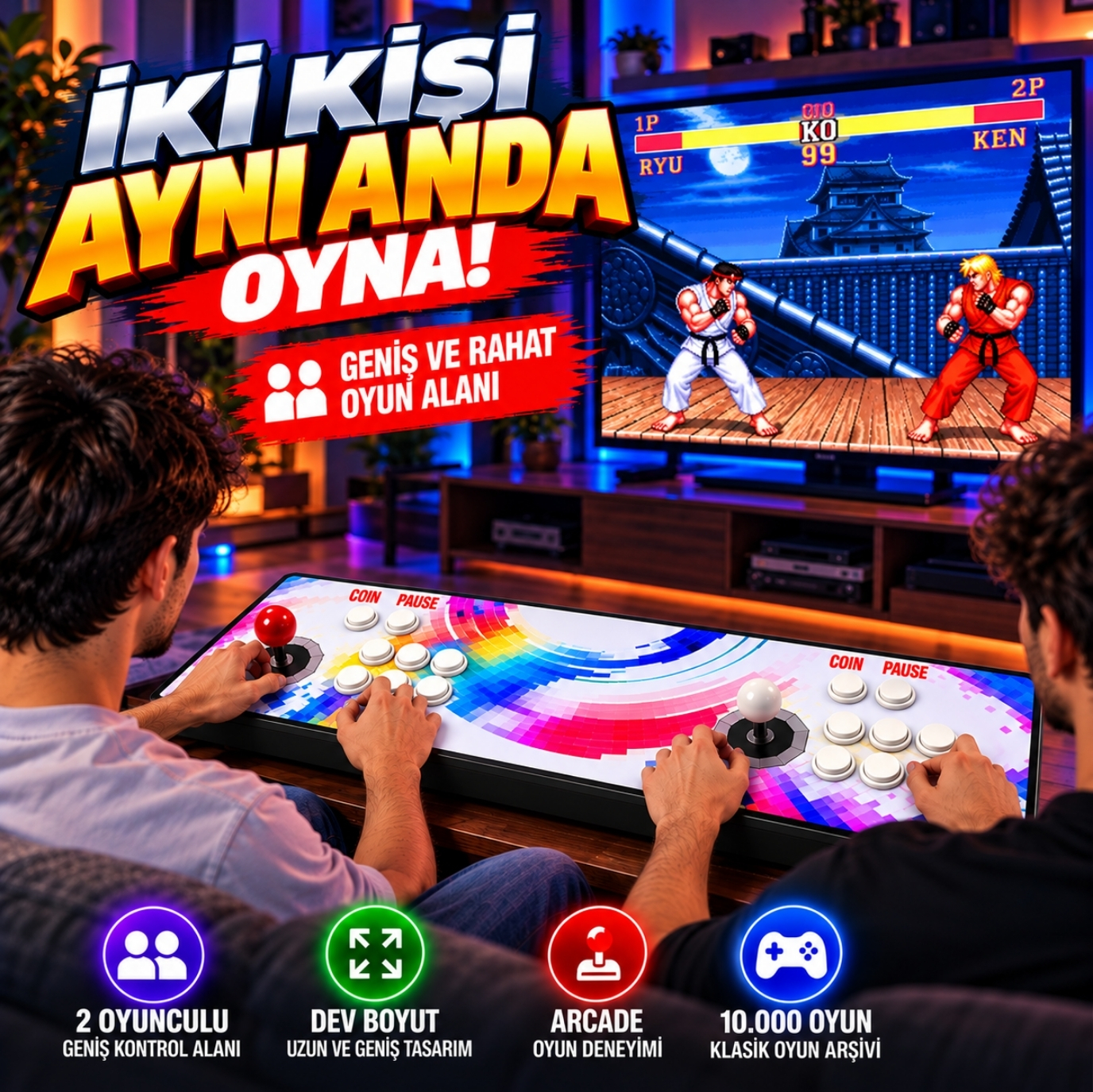 İki erkek, renkli grafiklere sahip ortak bir iki oyunculu arcade kumandasıyla büyük ekranda dövüş oyunu oynuyor.