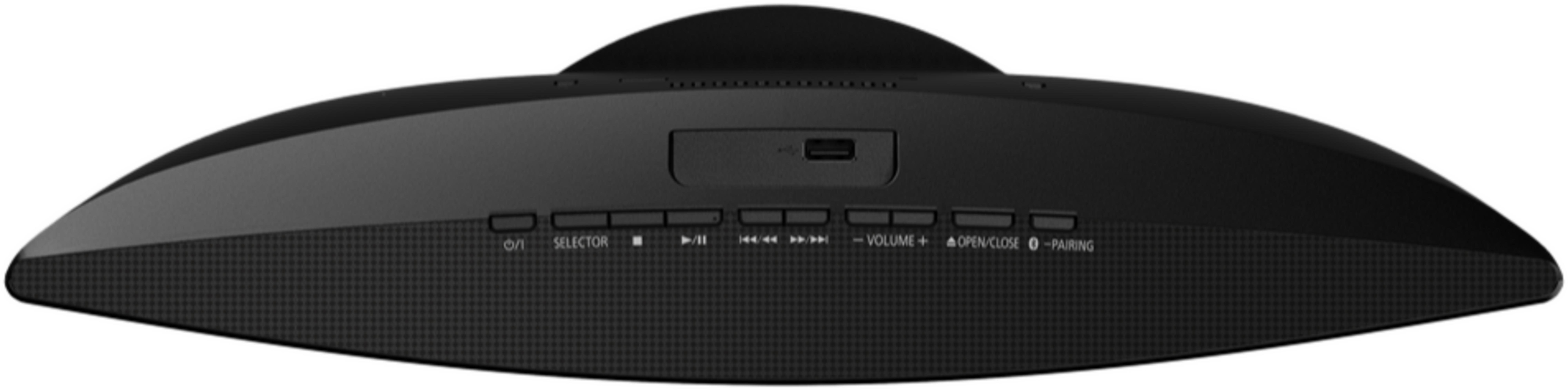 Vista dall'alto di un dispositivo audio allungato nero con pulsanti di controllo e una porta USB.