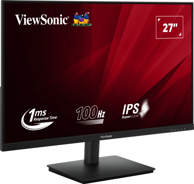 Un monitor ViewSonic de 27 pulgadas con fondo rojo y especificaciones en pantalla.