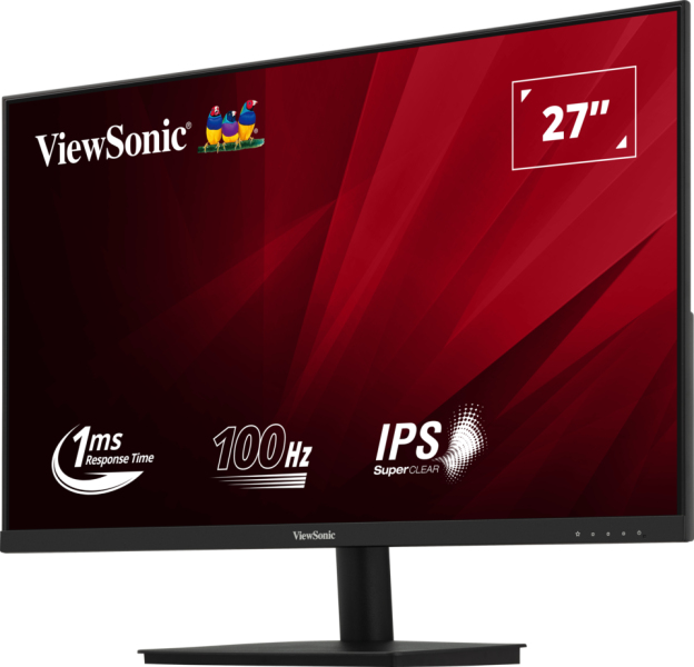Monitor negro ViewSonic de 27 pulgadas con fondo rojo y especificaciones técnicas.