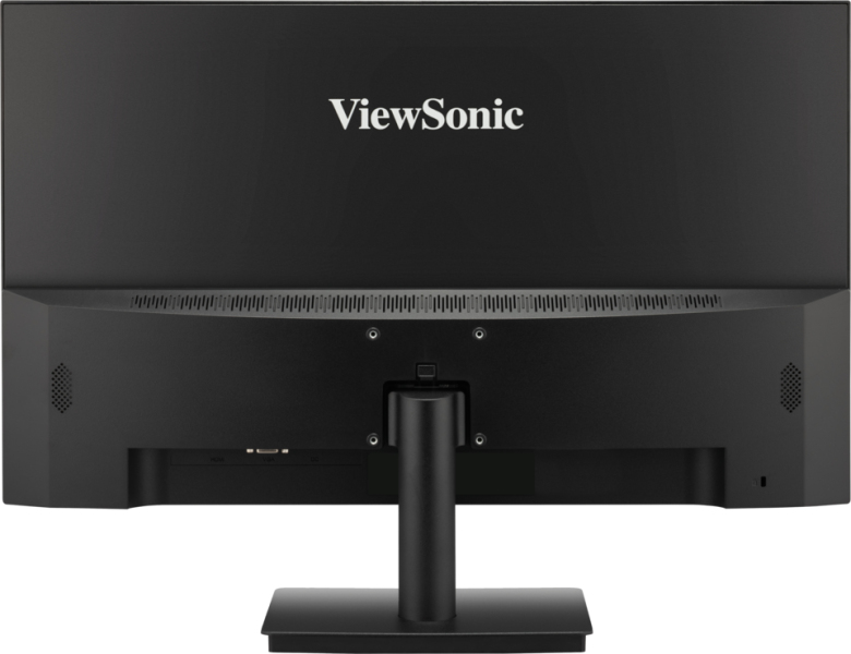 Vista trasera de un monitor negro ViewSonic con soporte sobre fondo claro.