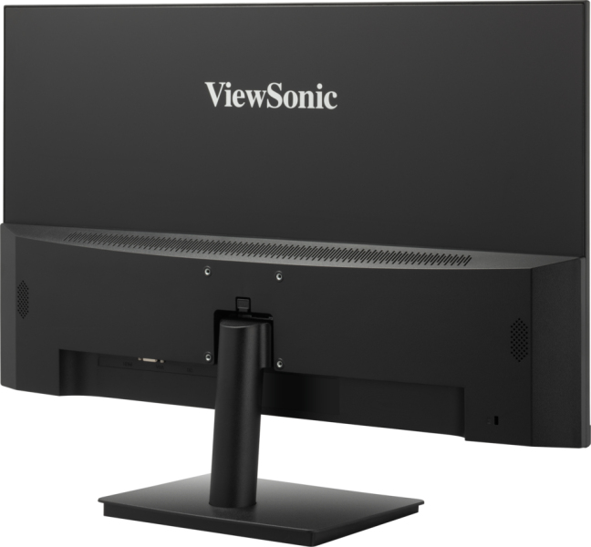 Vista trasera de un monitor negro ViewSonic con soporte sobre fondo blanco.