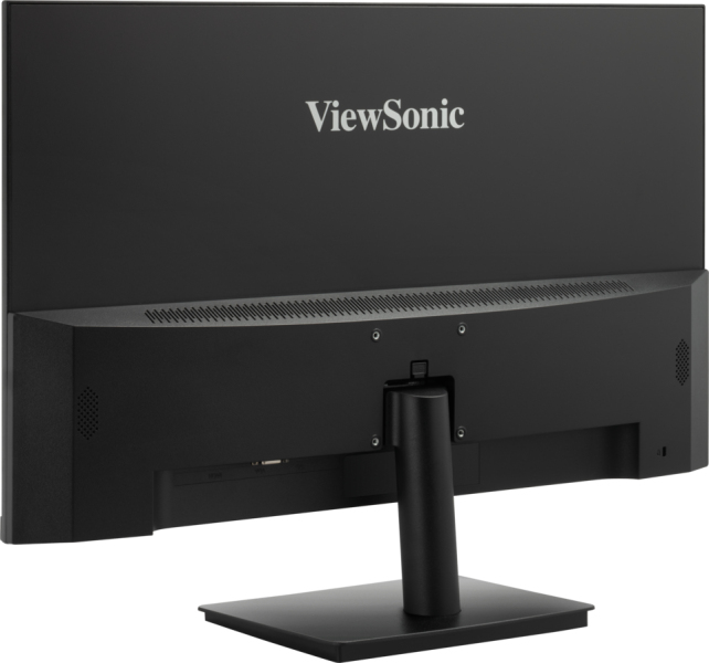 La parte trasera de un monitor ViewSonic negro con su soporte.
