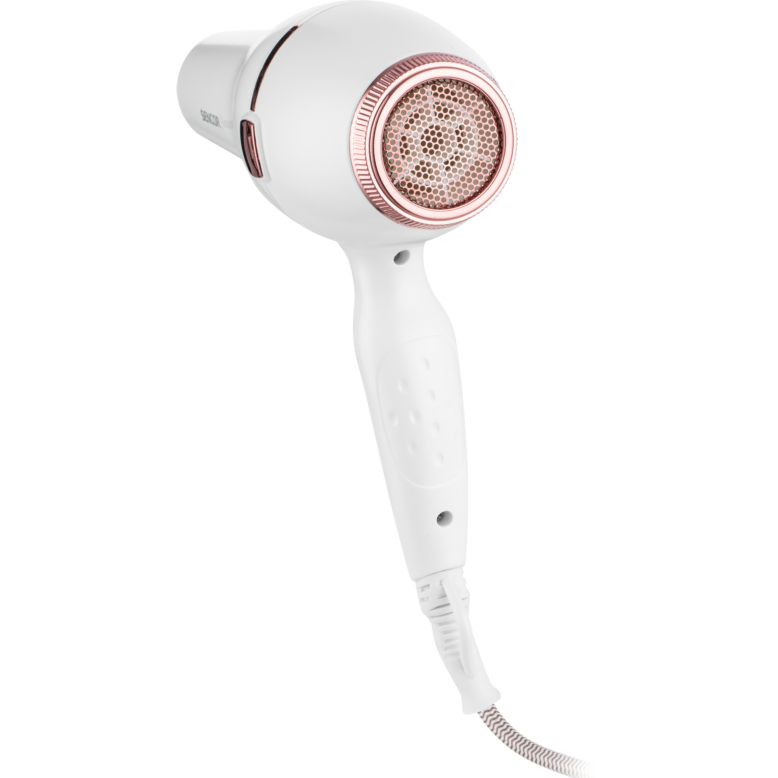 A white hair dryer with rose gold accents and a patterned cord against a white background.