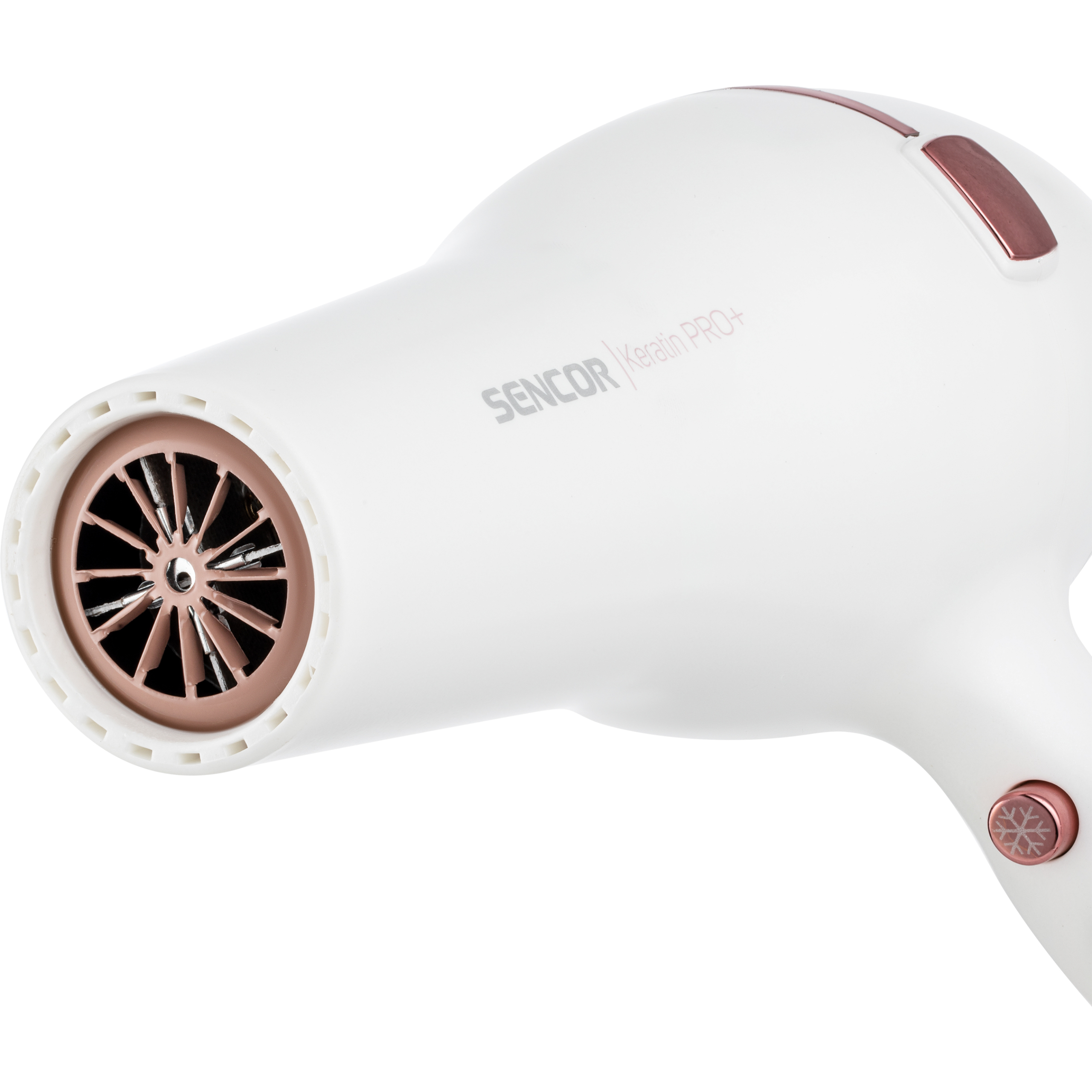 A white Sencor Keratin PRO+ hair dryer with rose gold accents.