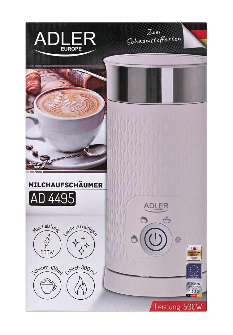 Confezione di un montalatte bianco Adler AD 4495 con tazza di caffè e icone.