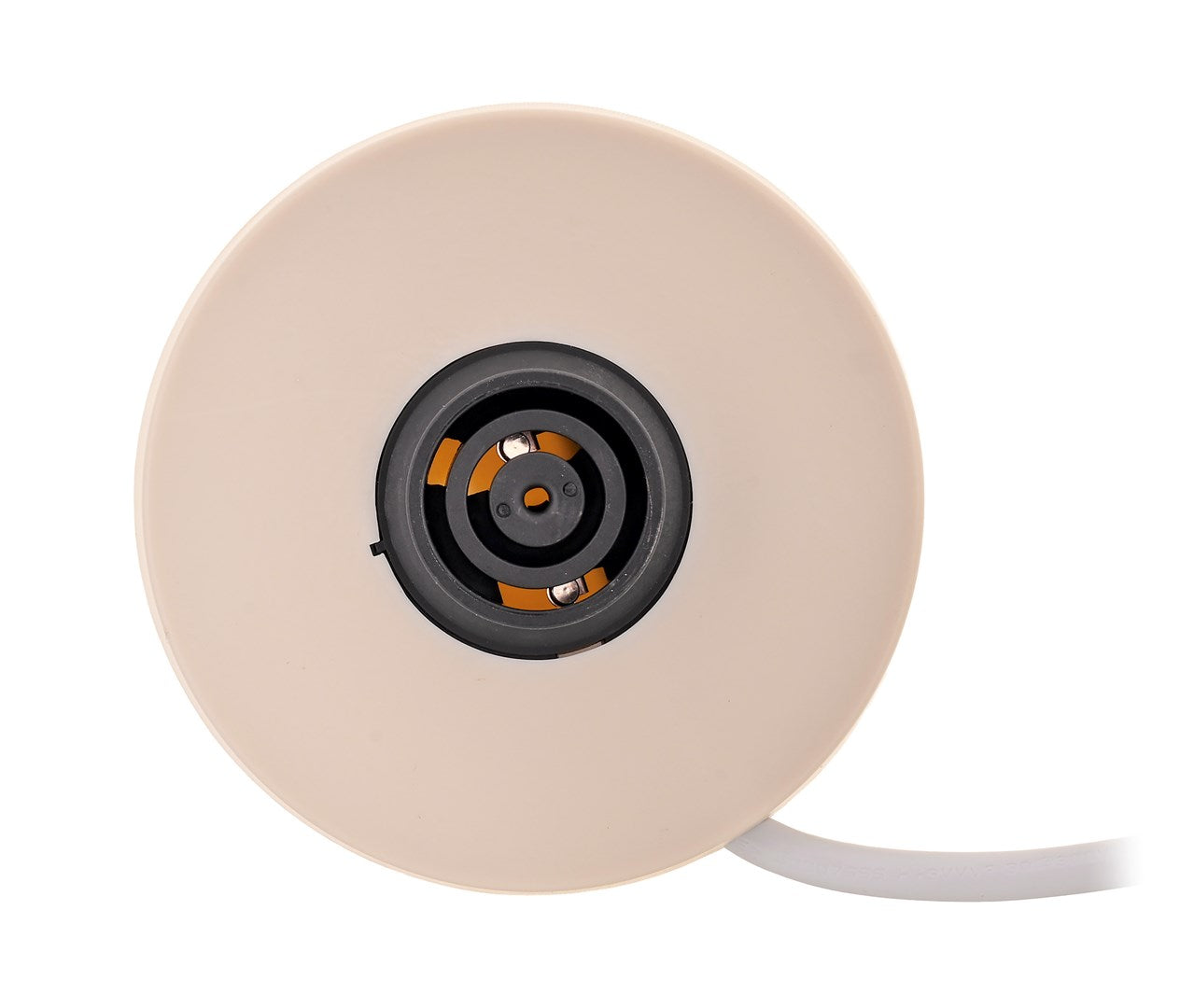 Bobina per cavi rotonda beige con anello interno nero e cavo bianco su sfondo bianco.