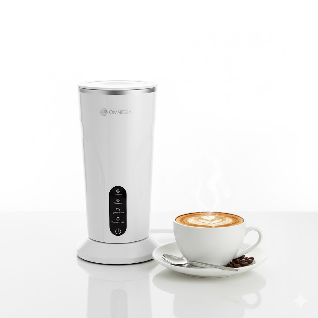 A white milk frother stands next to a cup of cappuccino with latte art and coffee beans on a white table.