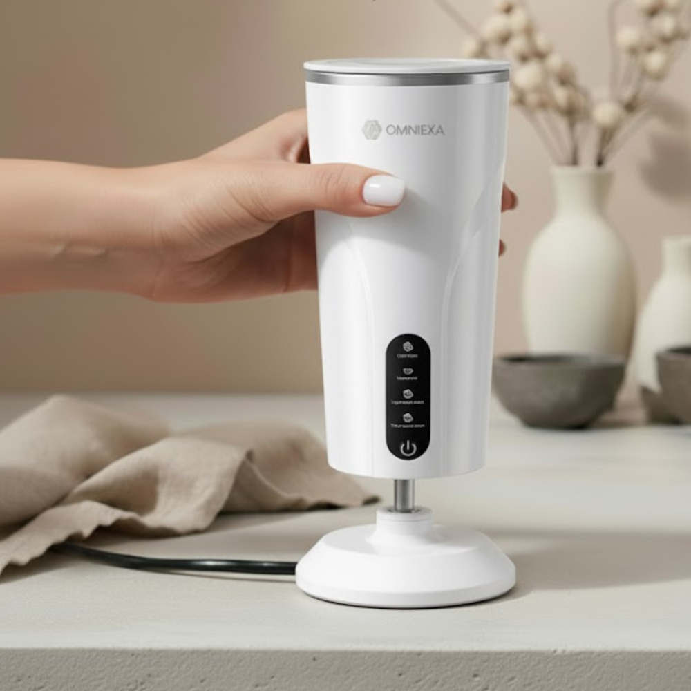 A hand holds a white milk frother on a stand against a beige background.