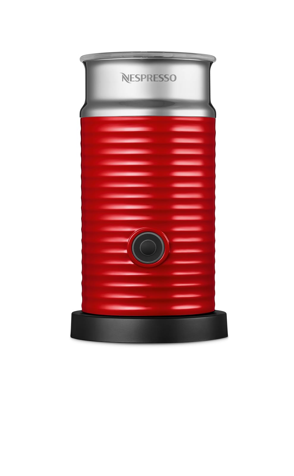 Un mousseur à lait Nespresso rouge avec un haut argenté et une base noire sur fond blanc.