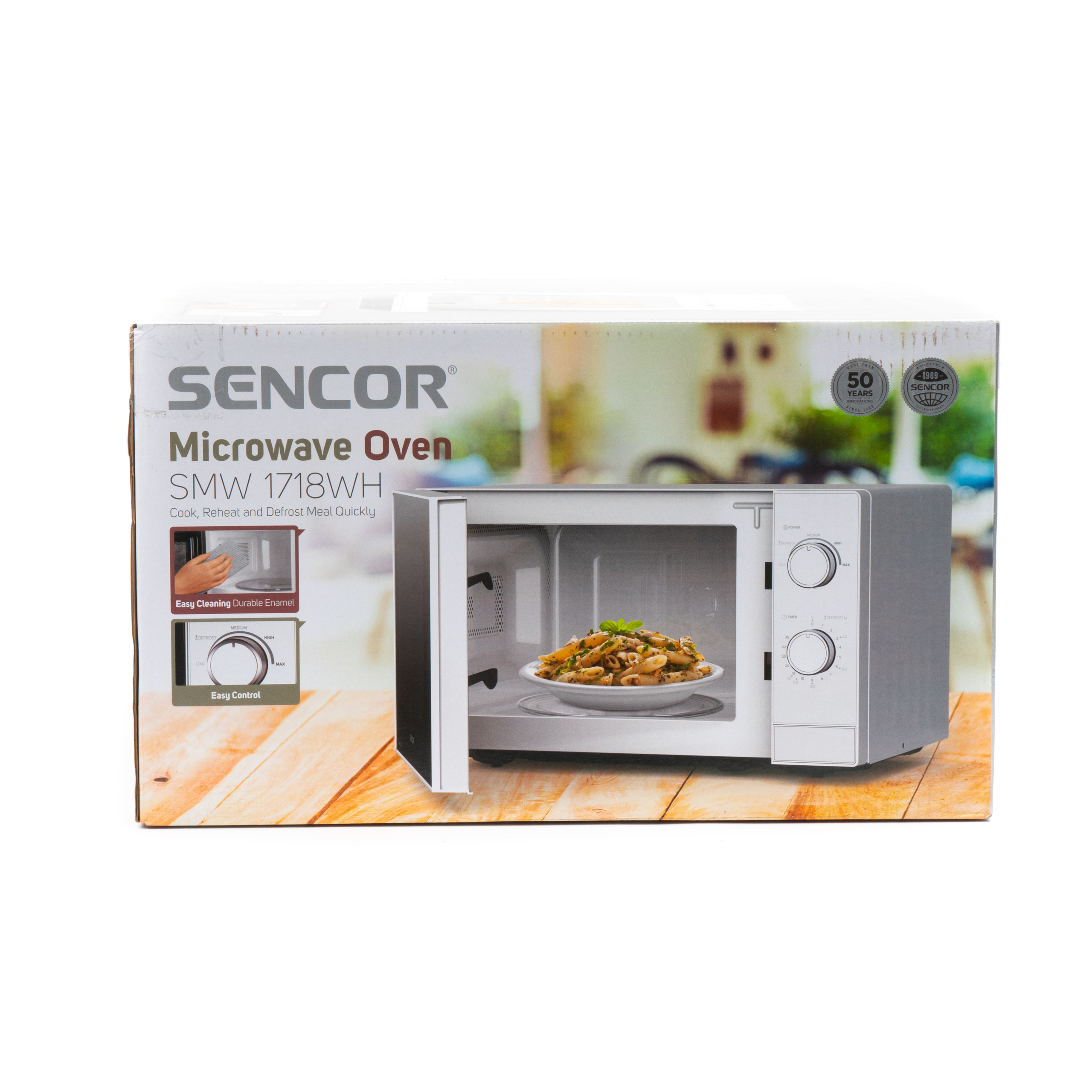 Embalaje de un horno microondas Sencor blanco, con una imagen del aparato y pasta en su interior.