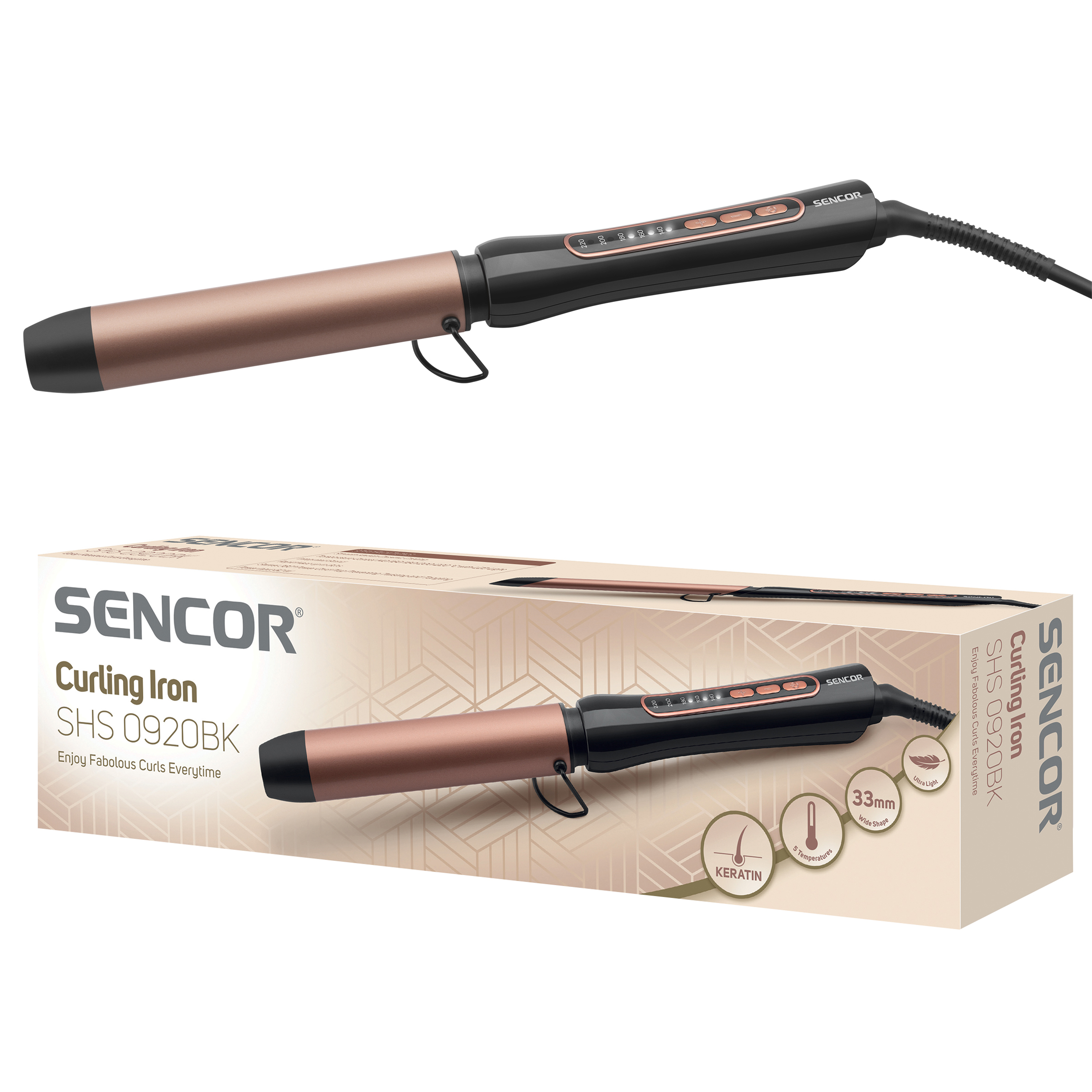 Sencor Lockenstab SHS 0920BK in Schwarz und Roségold mit Verpackung.