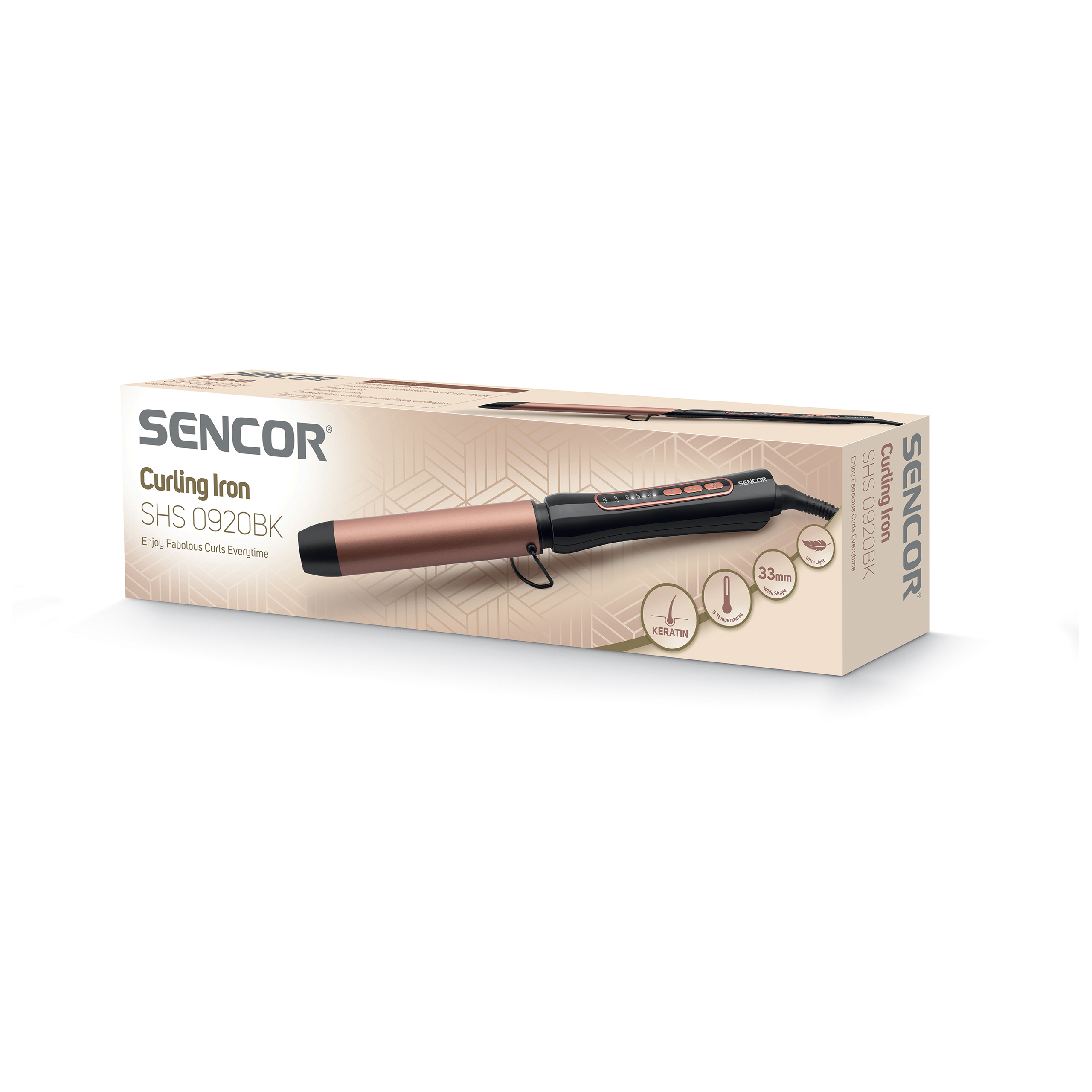 Sencor Lockenstab in Verpackung mit Produktbild, schwarz und roségold.