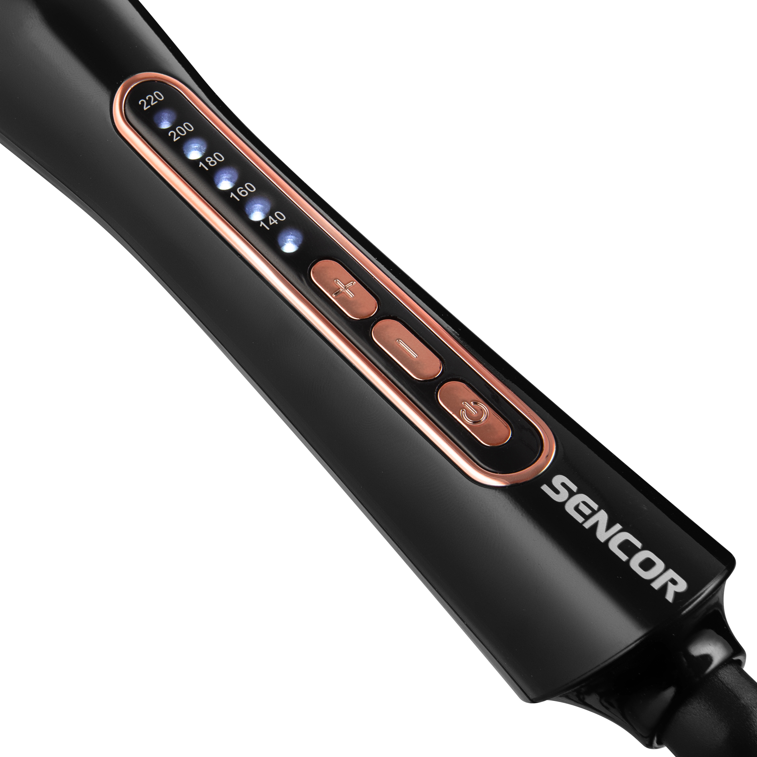 Schwarzer Sencor Haarglätter mit digitaler Temperaturanzeige, Plus-, Minus- und Ein/Aus-Tasten in Roségold.