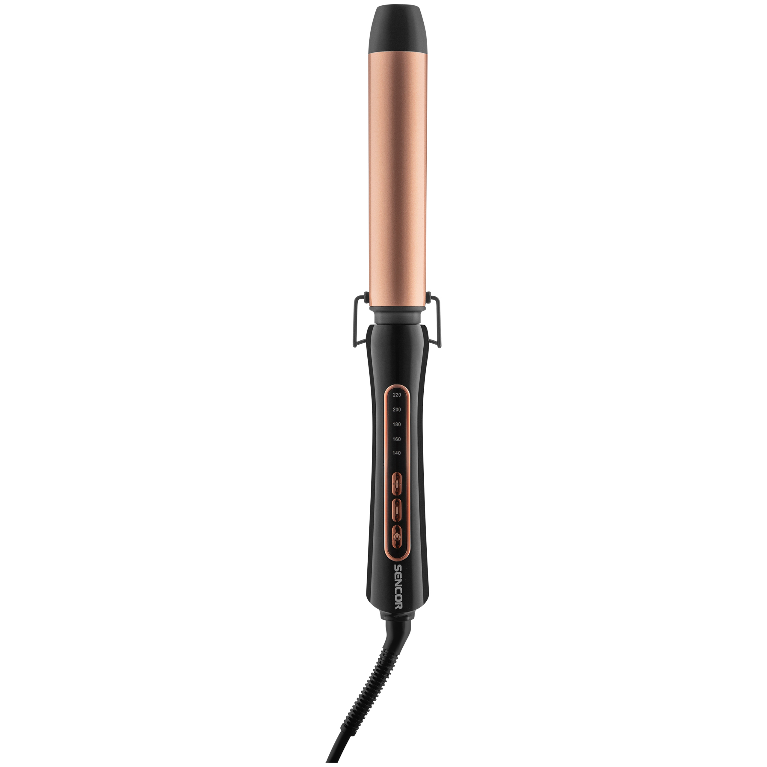 Ein schwarzer Lockenstab mit Roségoldzylinder, Temperaturanzeige und Kabel auf weißem Hintergrund.