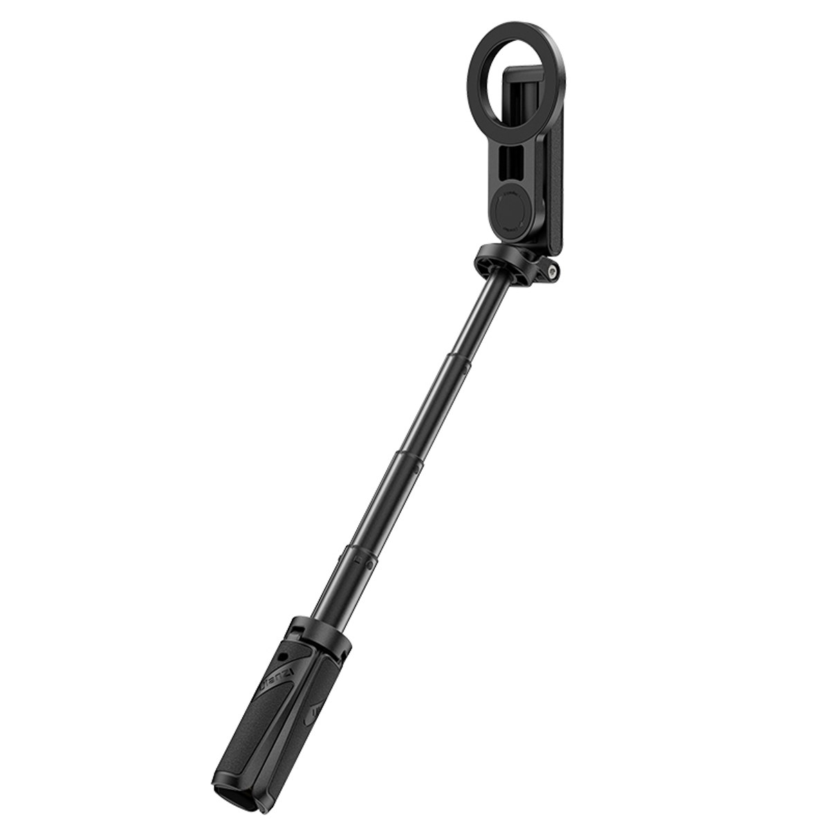 Un palo de selfi extensible negro con soporte integrado y elemento de anillo sobre fondo blanco.