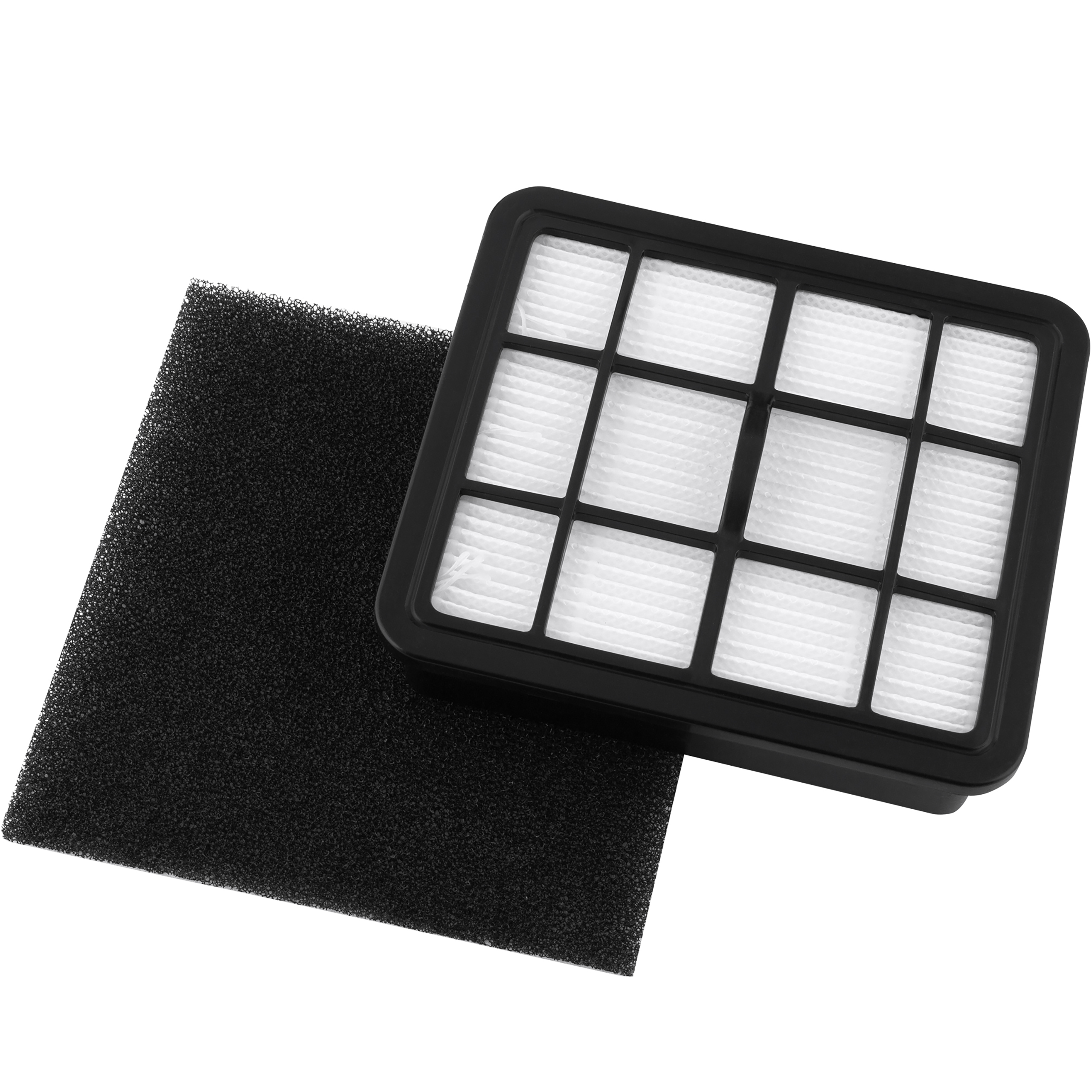 Un filtro de aspiradora negro y un filtro de espuma negro a juego sobre fondo blanco.