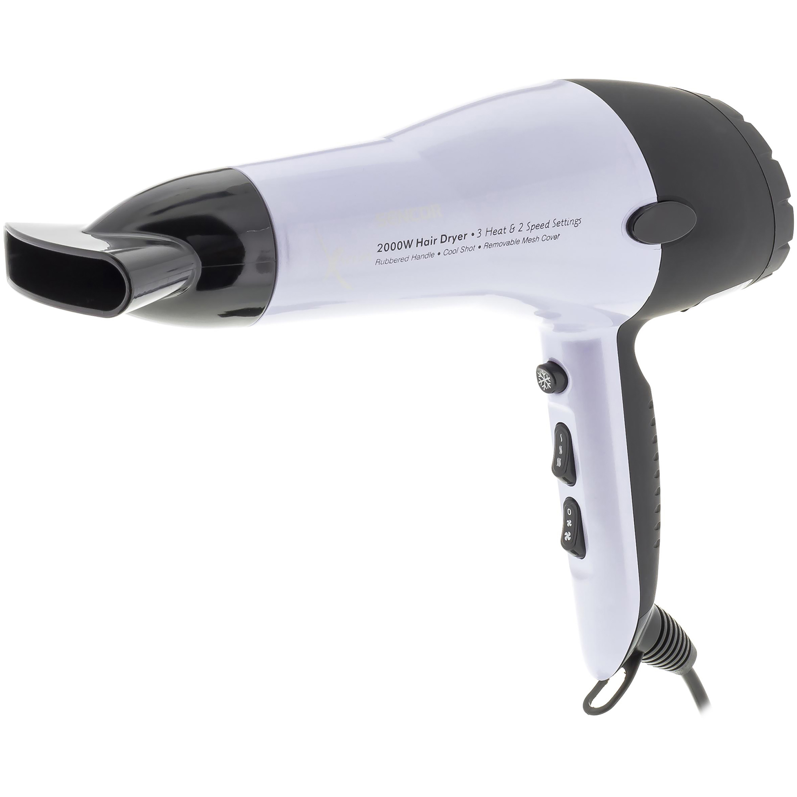 A white and black 2000W hair dryer with concentrator nozzle and controls against a white background.