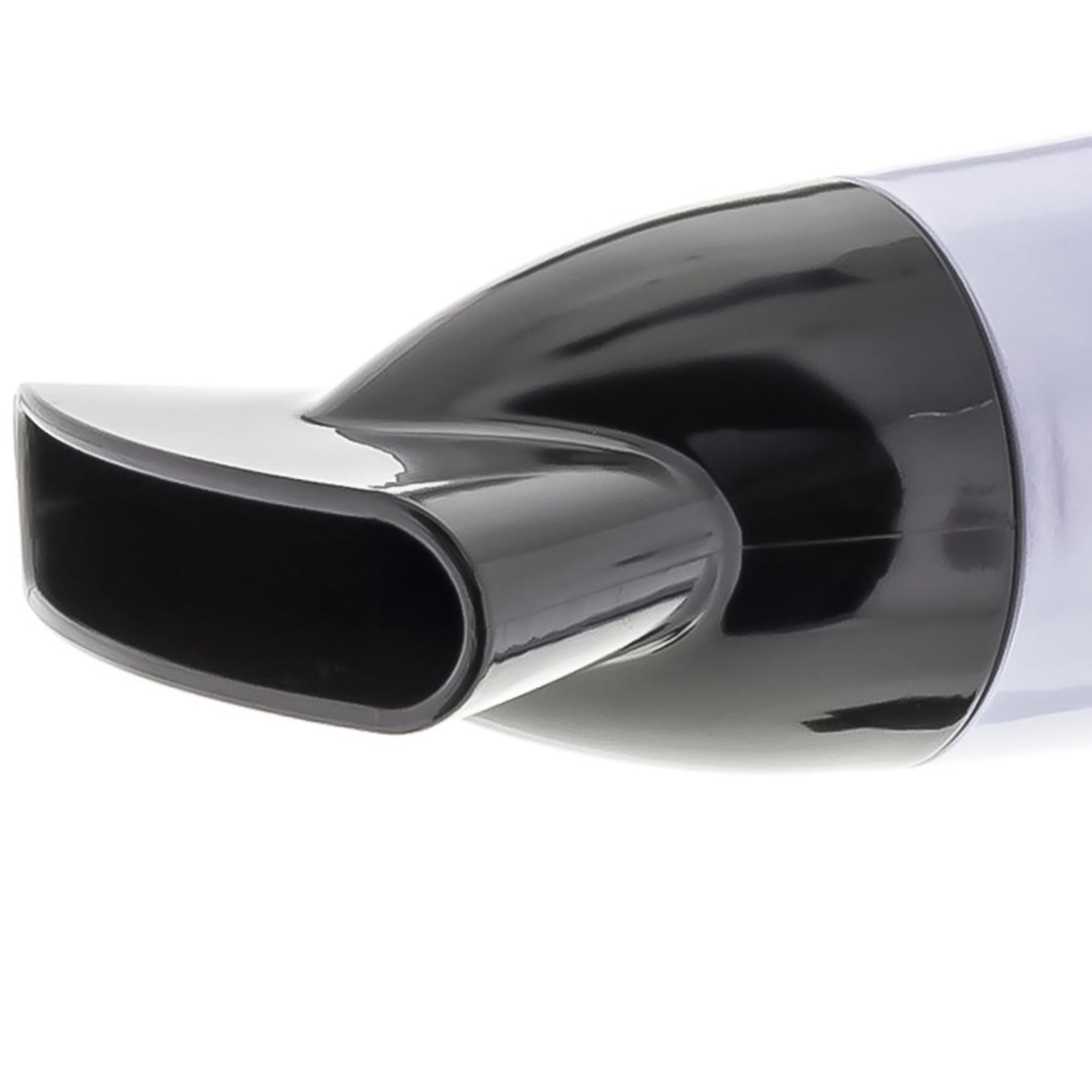 Close-up of a black hair dryer nozzle against a white background.