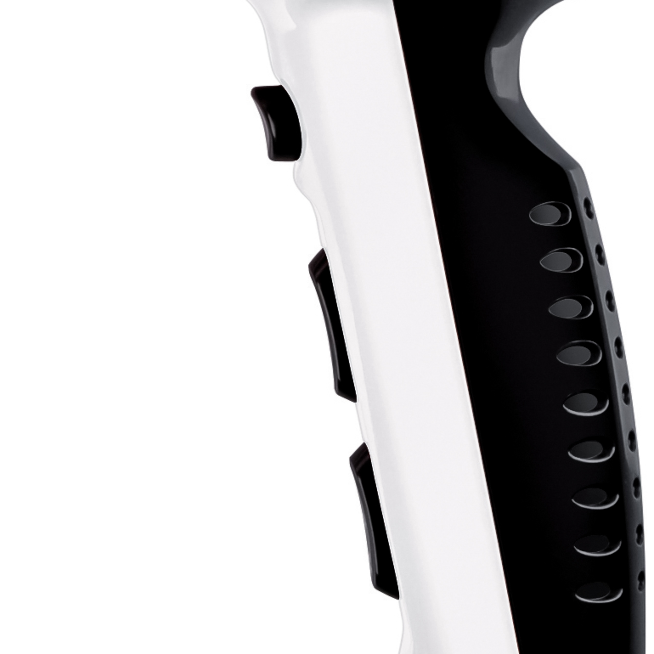 Close-up of a white and black hair dryer handle with multiple black buttons.