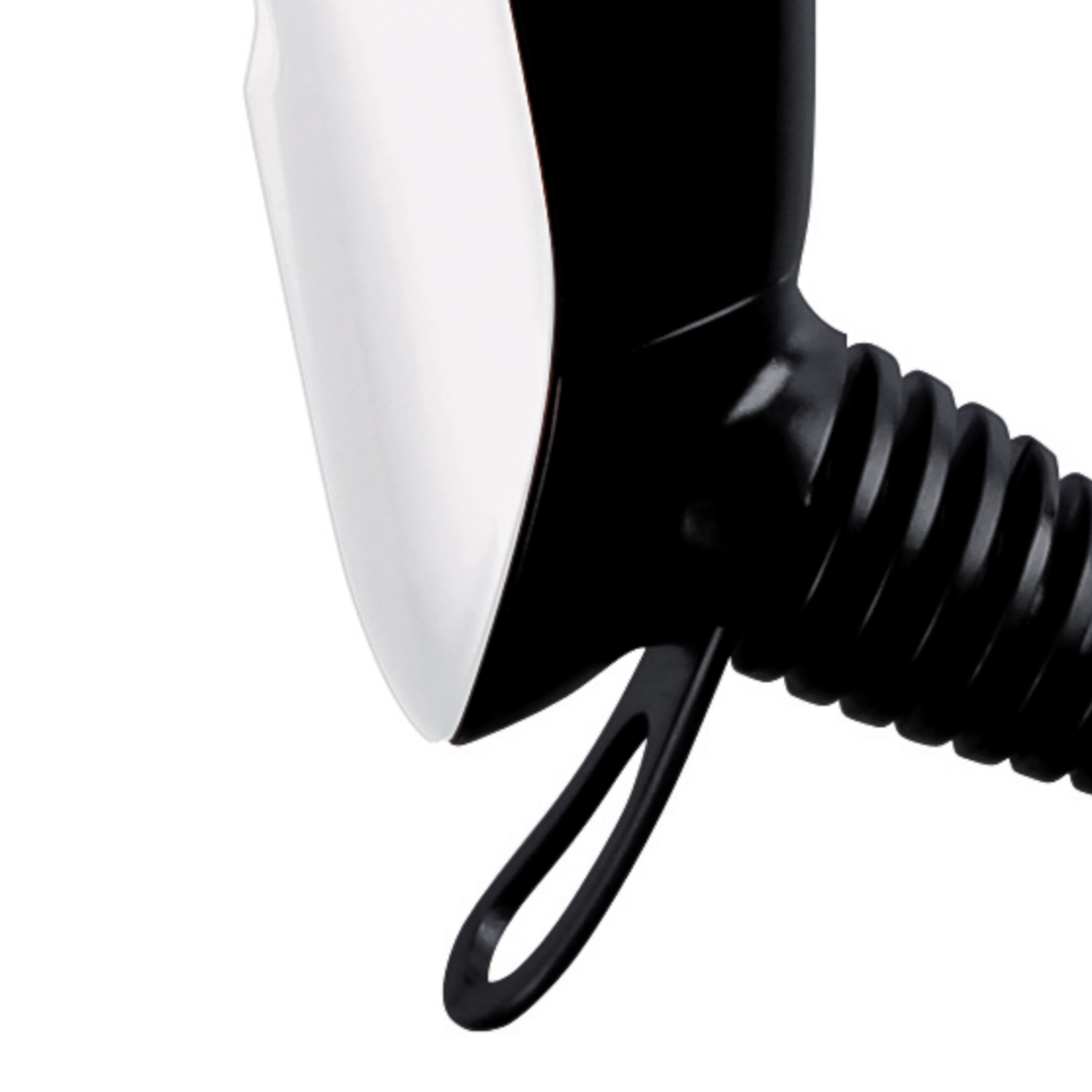 Close-up of a black motorcycle mirror with a white reflective surface against a bright background.
