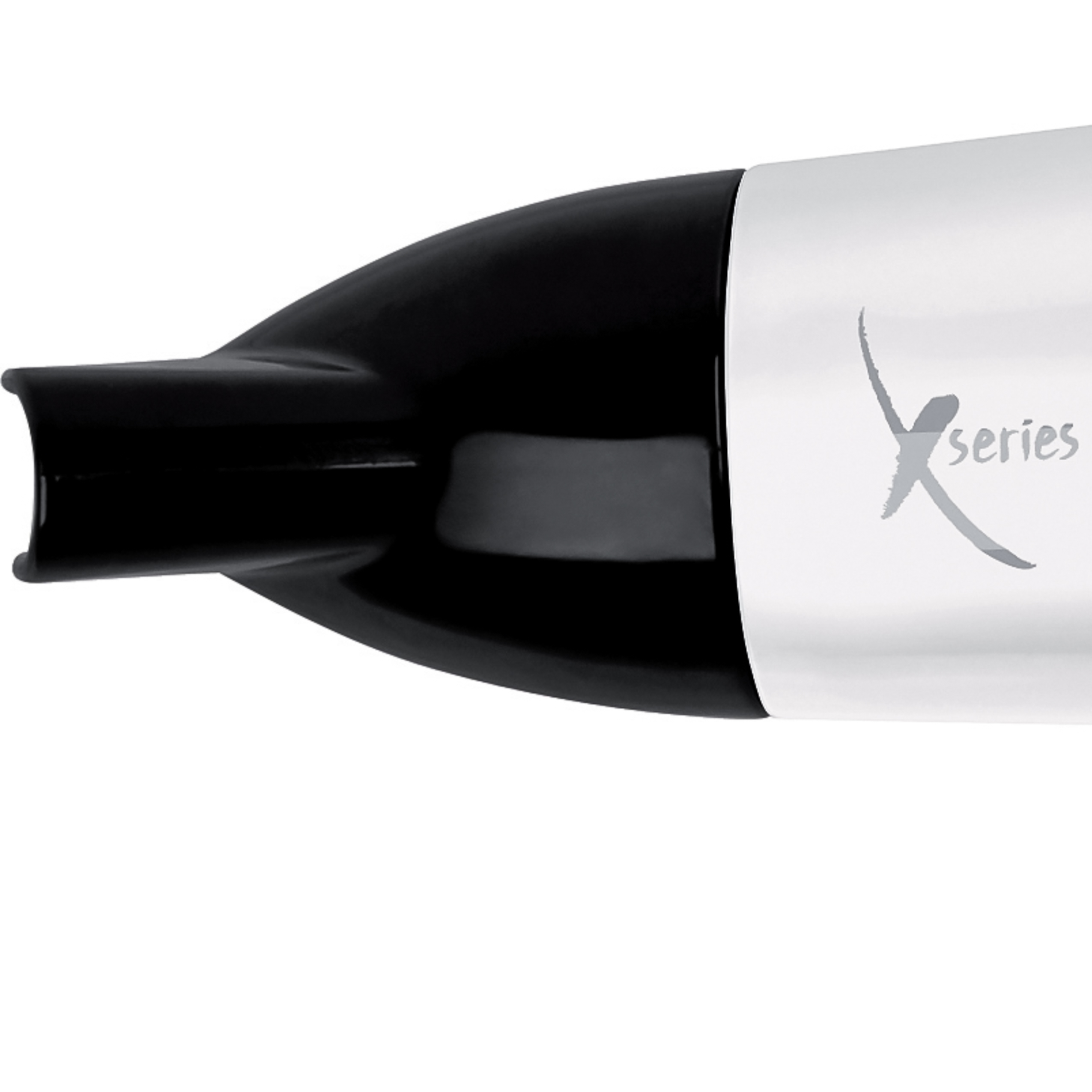 Close-up of a white and black hair dryer with the text "X series" on its silver body.