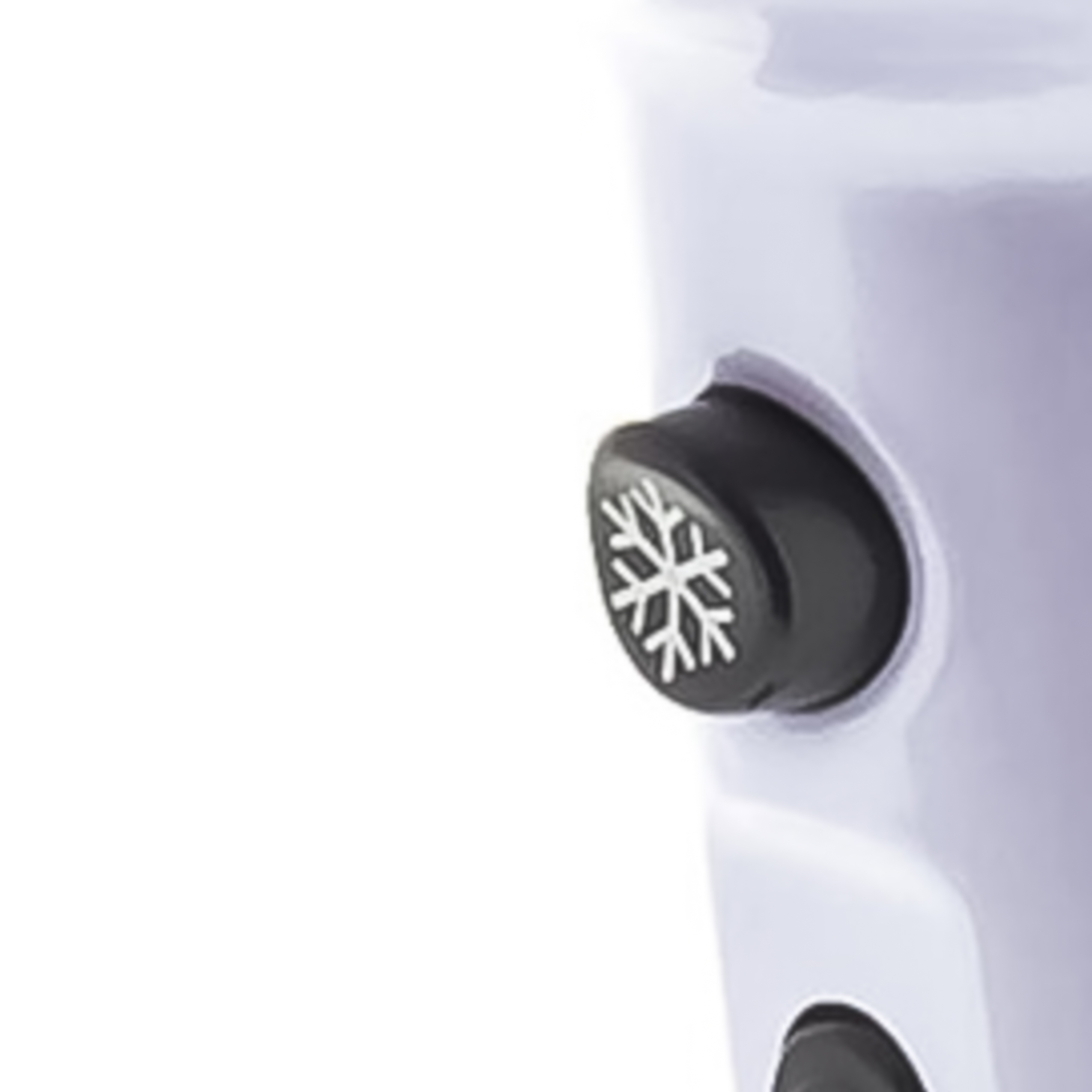 A round, black button featuring a white snowflake symbol on a light appliance.