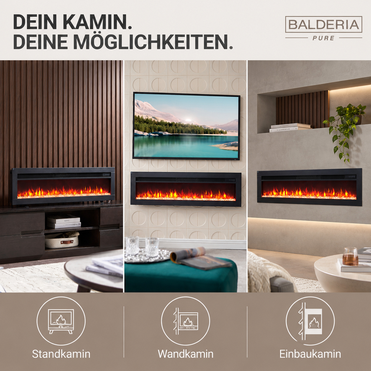 Drei Bilder zeigen verschiedene Balderia Elektrokamine: Standkamin, Wandkamin und Einbaukamin.