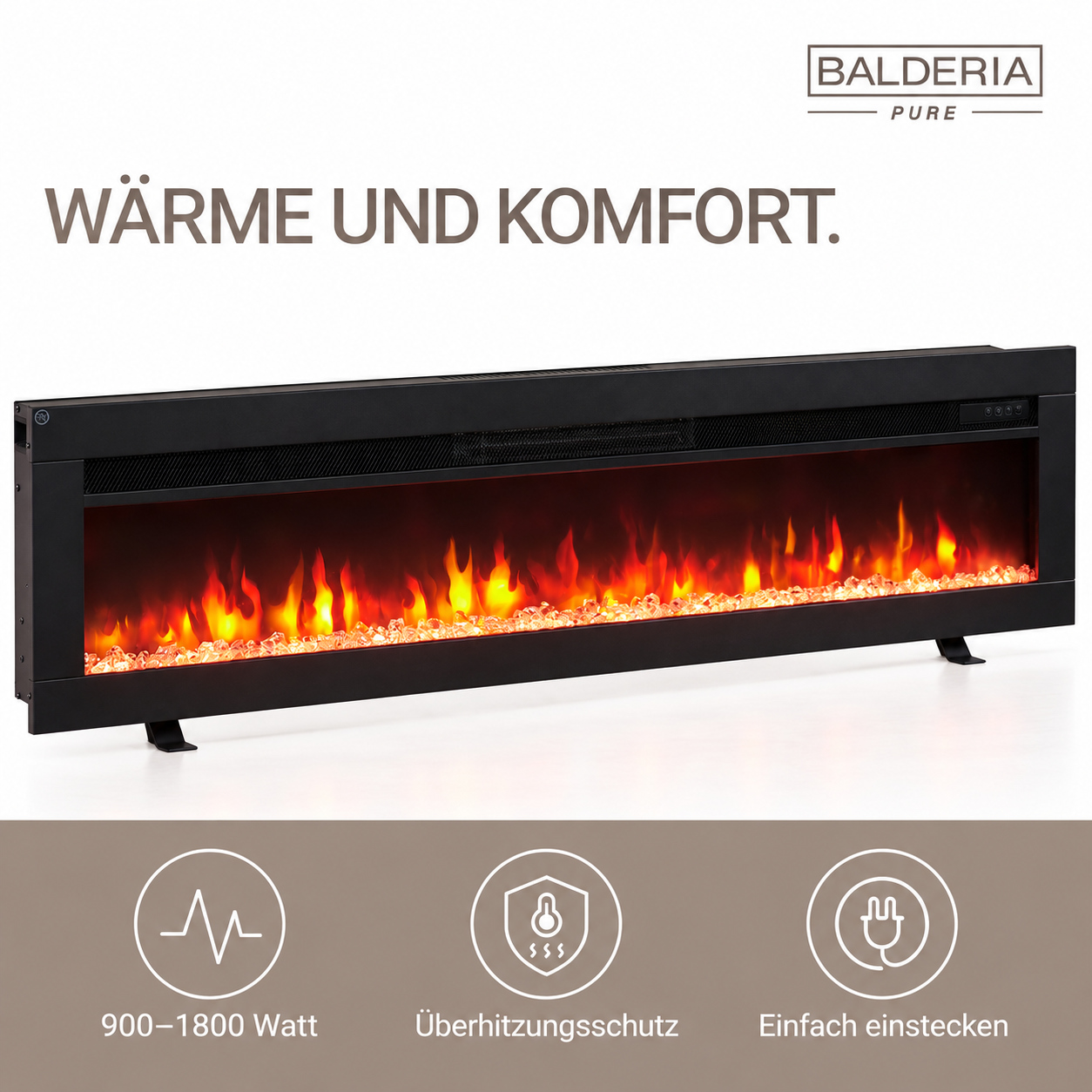 Schwarzer elektrischer Kamin mit lebensechten orangefarbenen Flammen, glühenden Steinen und drei Symbolen unten.