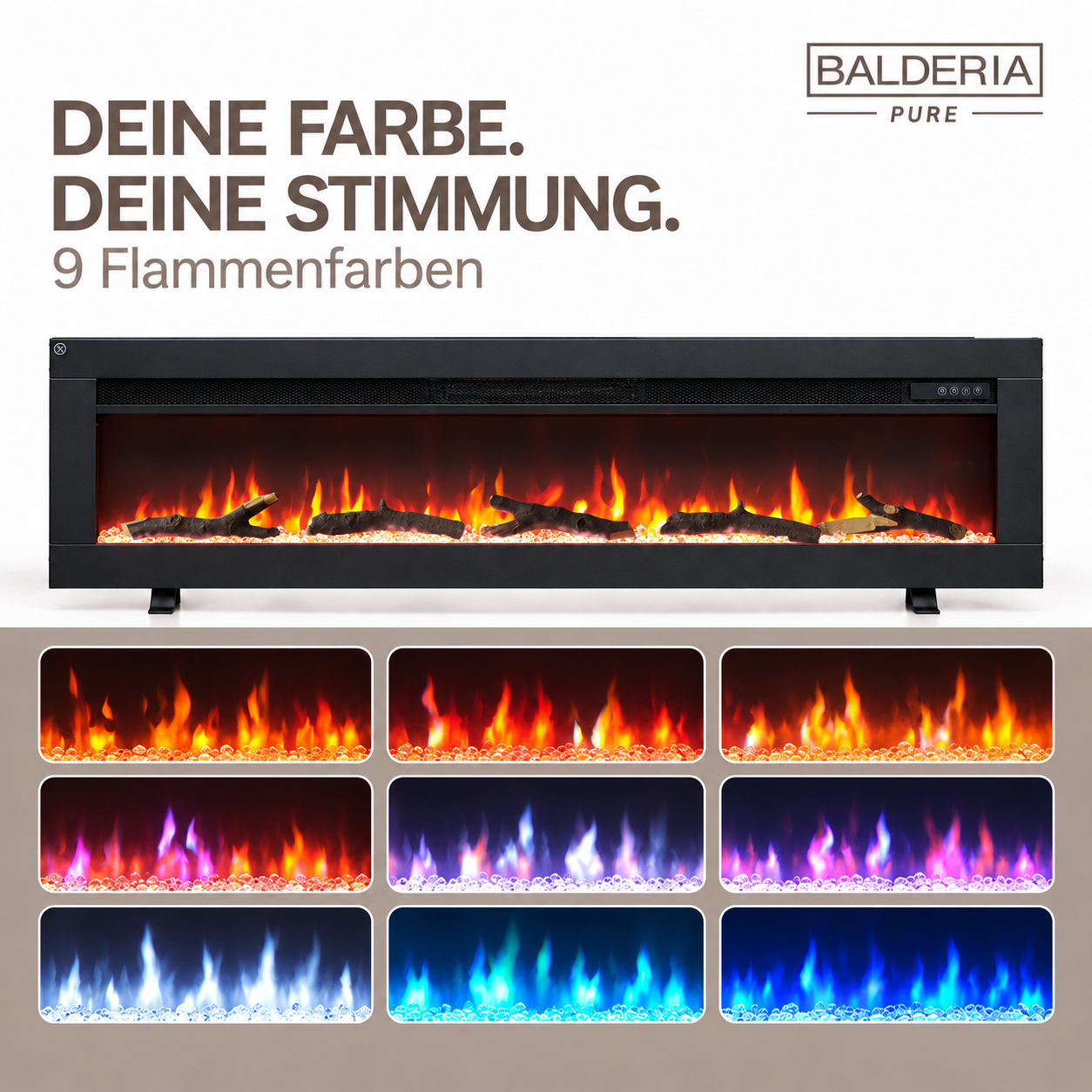 Balderia PURE Kamin mit Holzscheiten und neun verschiedenen farbigen Flammenoptionen.
